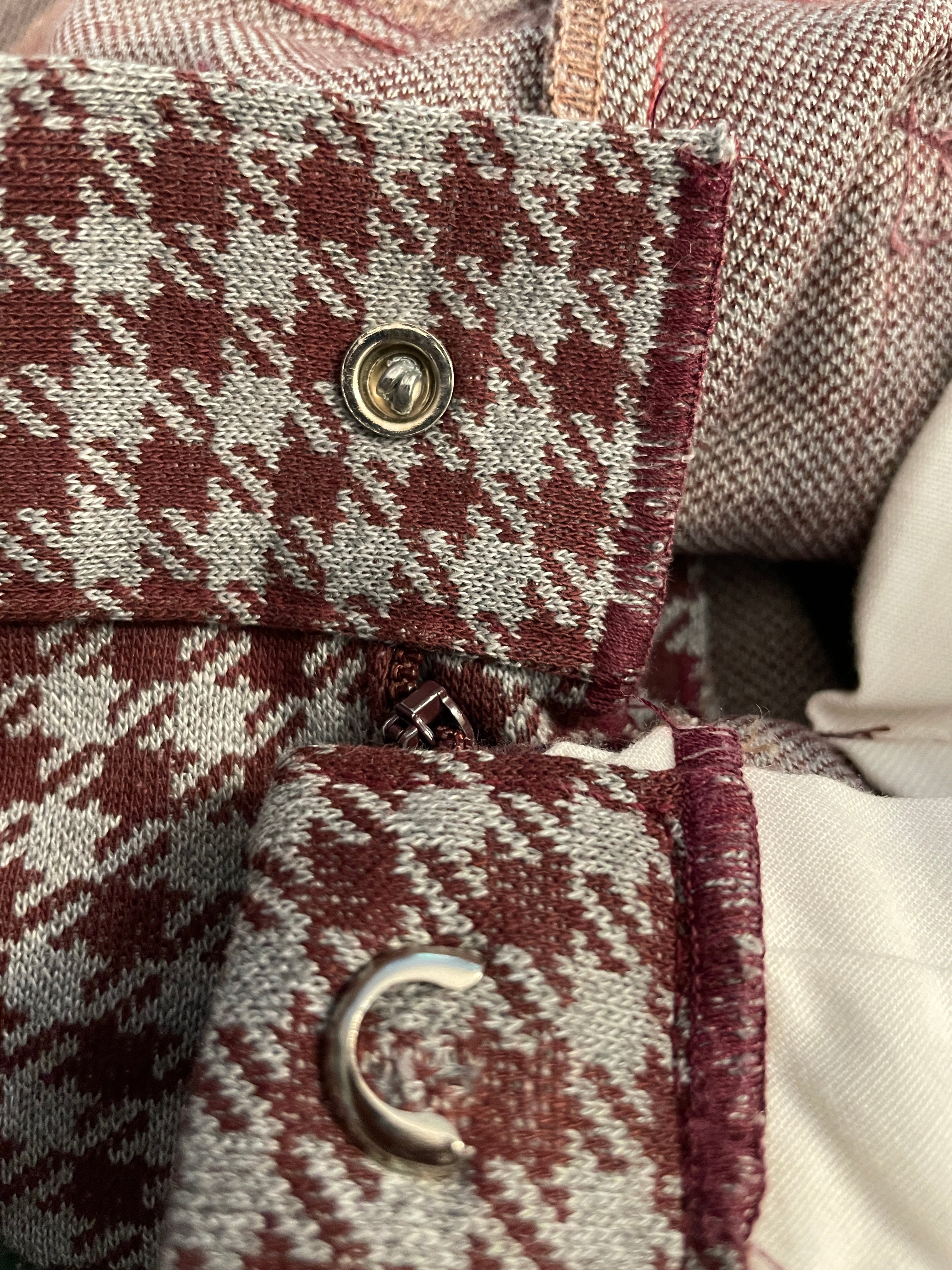 Burgundy grey houndstooth pants interlocking metal hook and zip closure