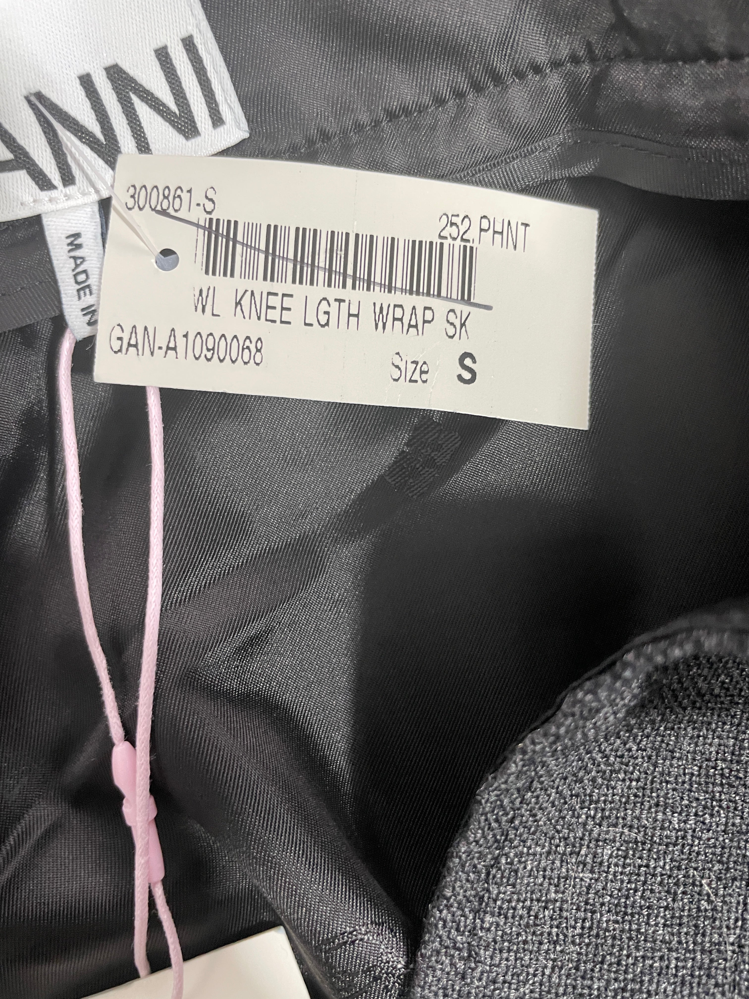 Small GANNI Phantom Grey Wool Suiting Wrap Skirt Product Identification Tag
