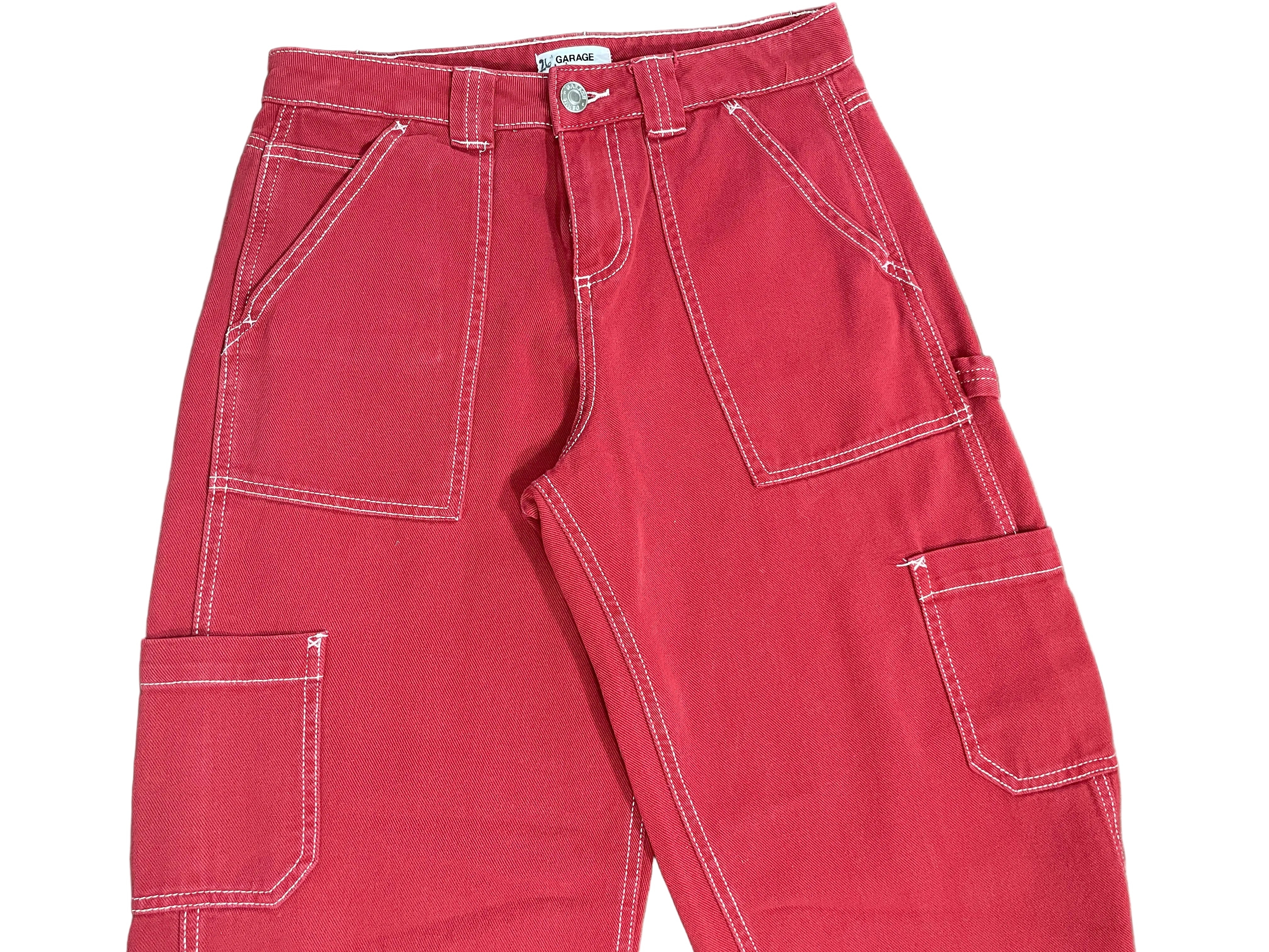 Size 0 Garage Red Carpenter Cargo Pants White Contrast Stitch Front Pocket Detail