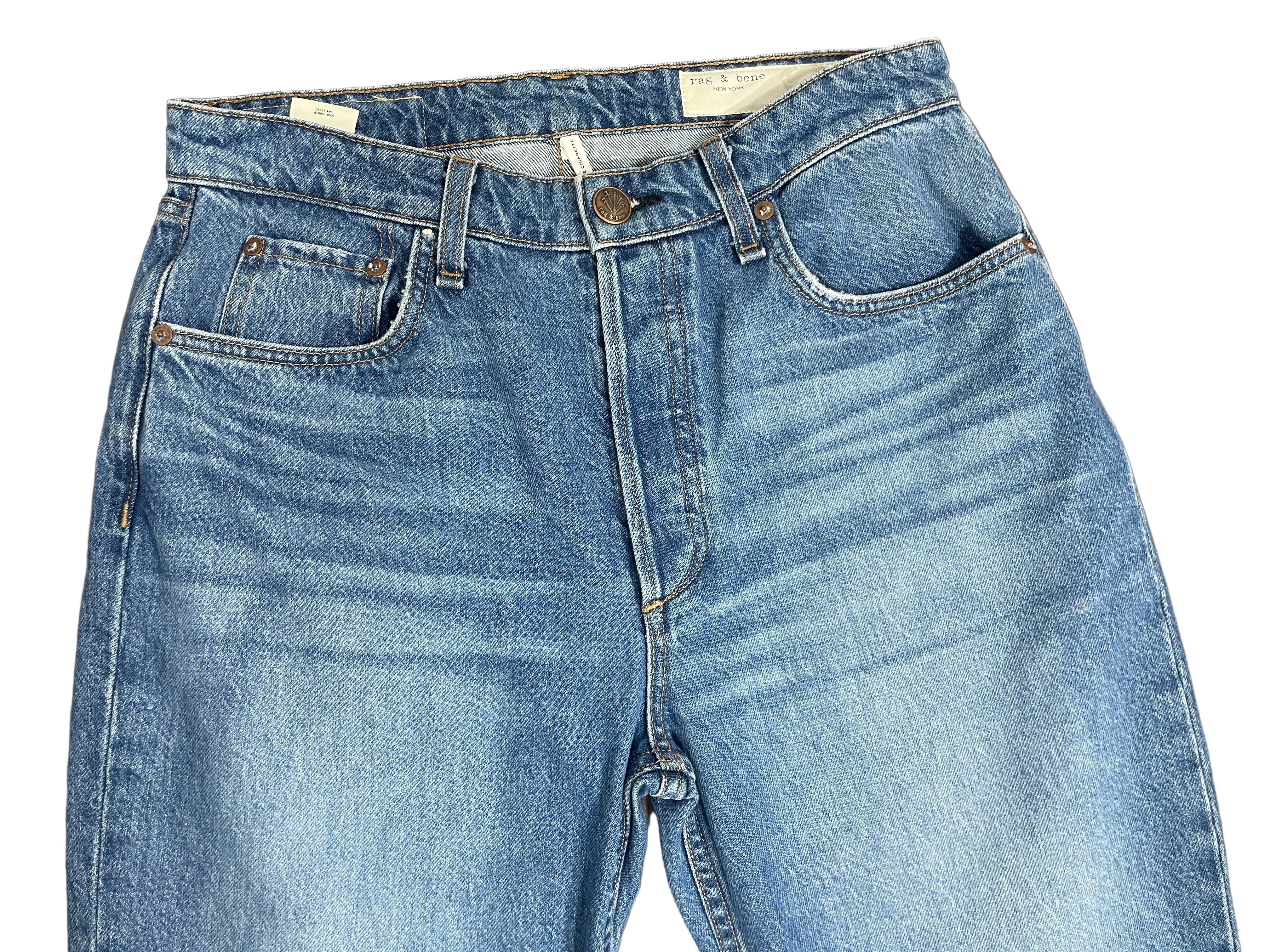 Size 28 rag & bone Nina Monty Blue Straight Leg Jeans Front Waist Detail