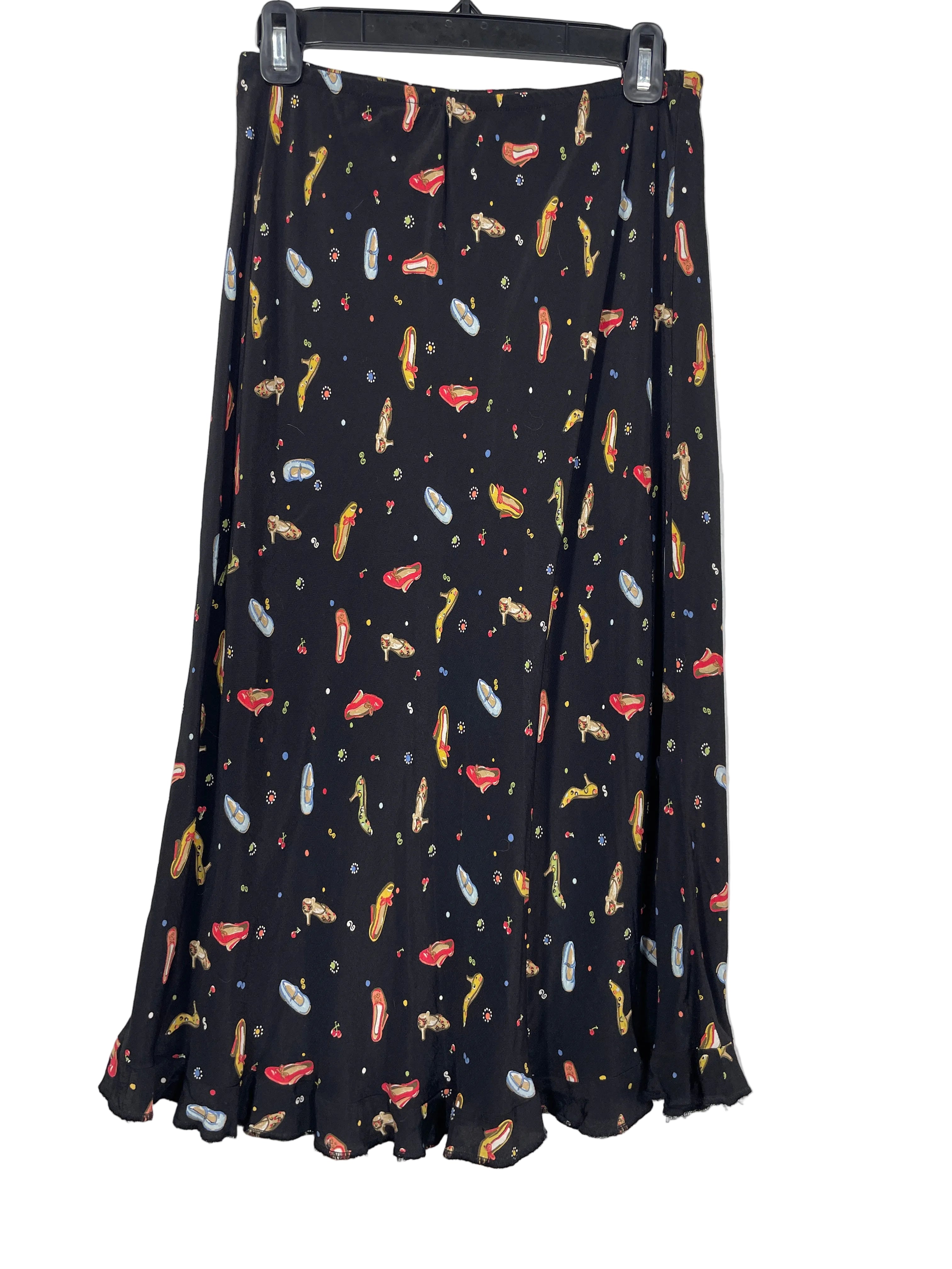 Small Vintage Love Lies Black Novelty Shoe Print Rayon Midi Skirt Front