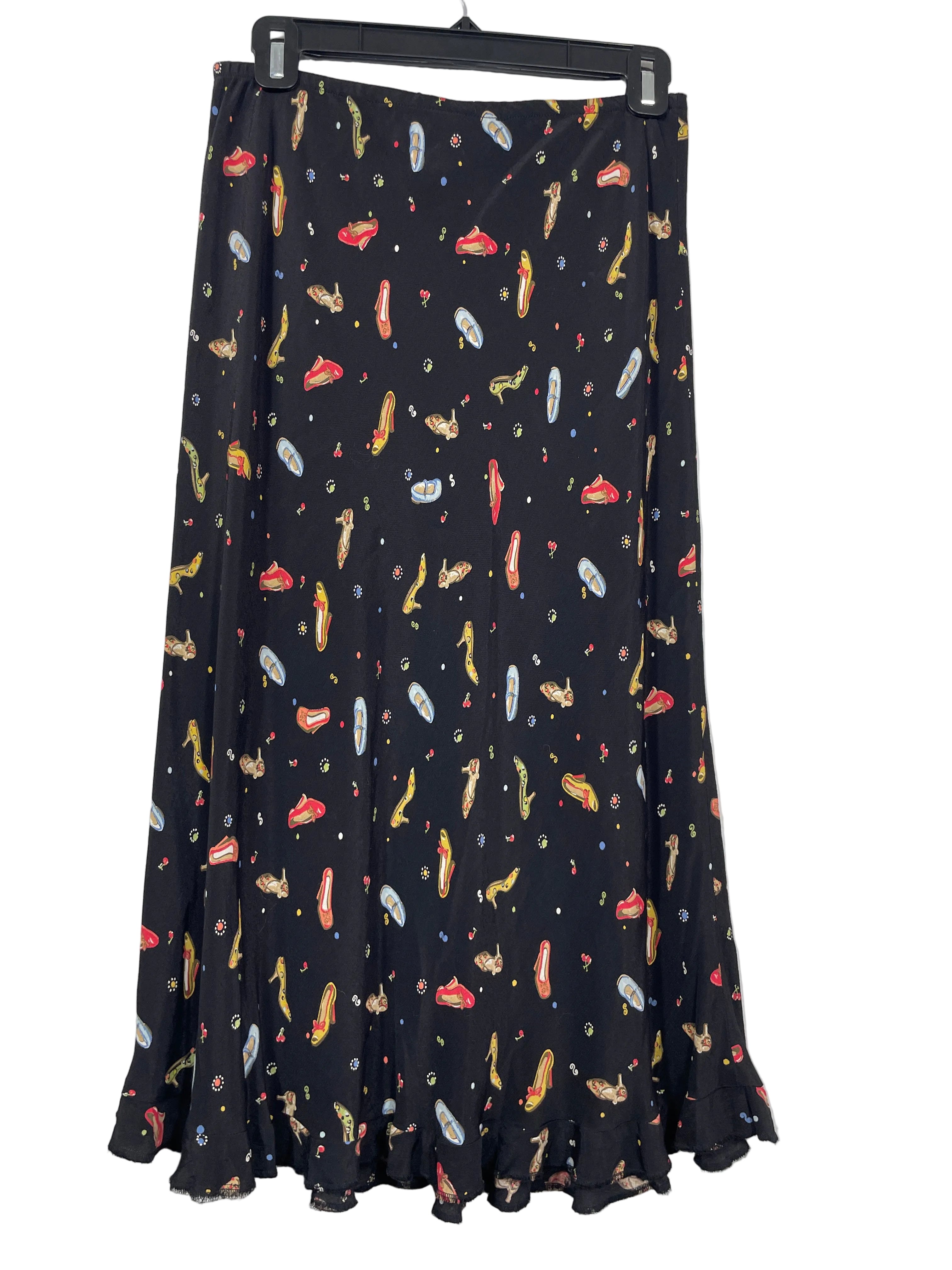 Small Vintage Love Lies Black Novelty Shoe Print Rayon Midi Skirt Back