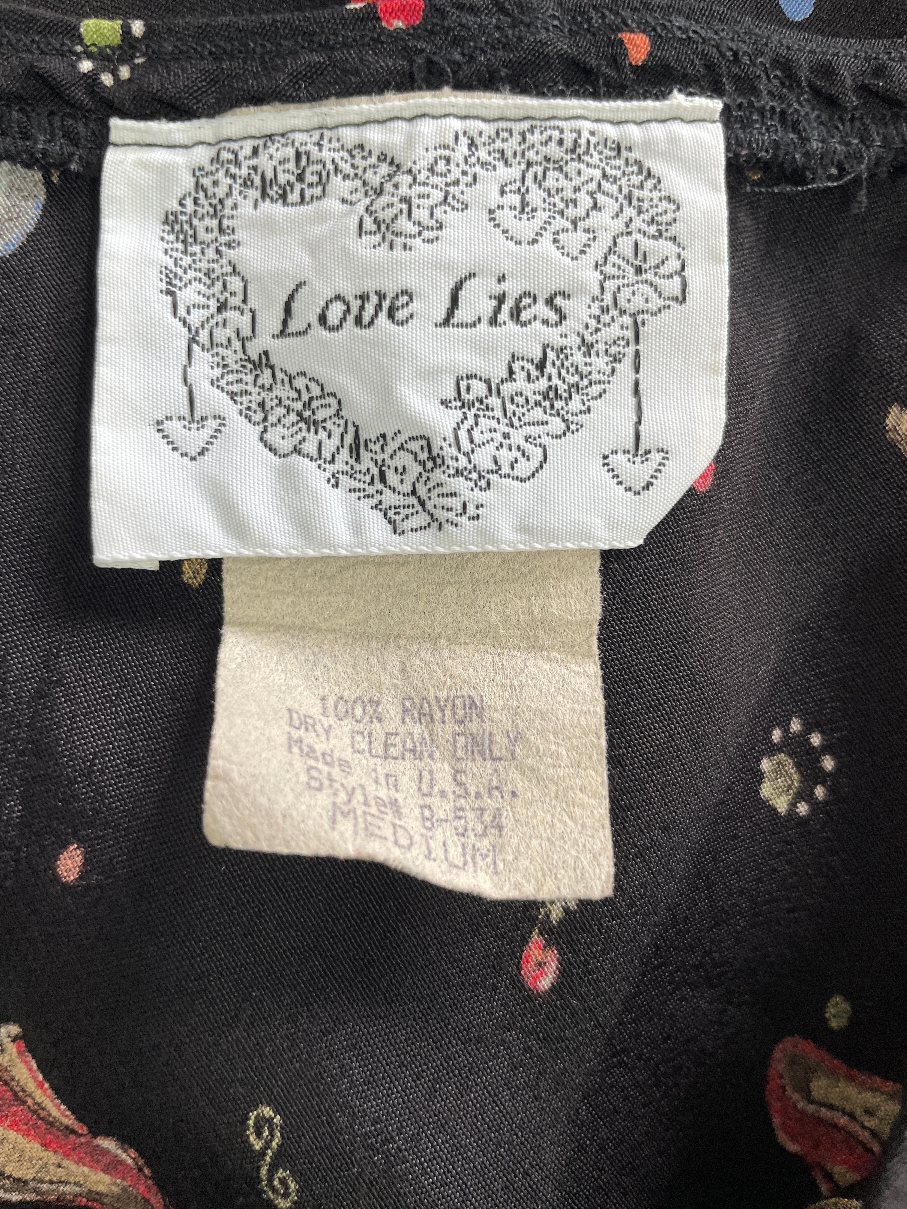 Small Vintage Love Lies Black 100% Rayon Made in USA Midi Skirt Label