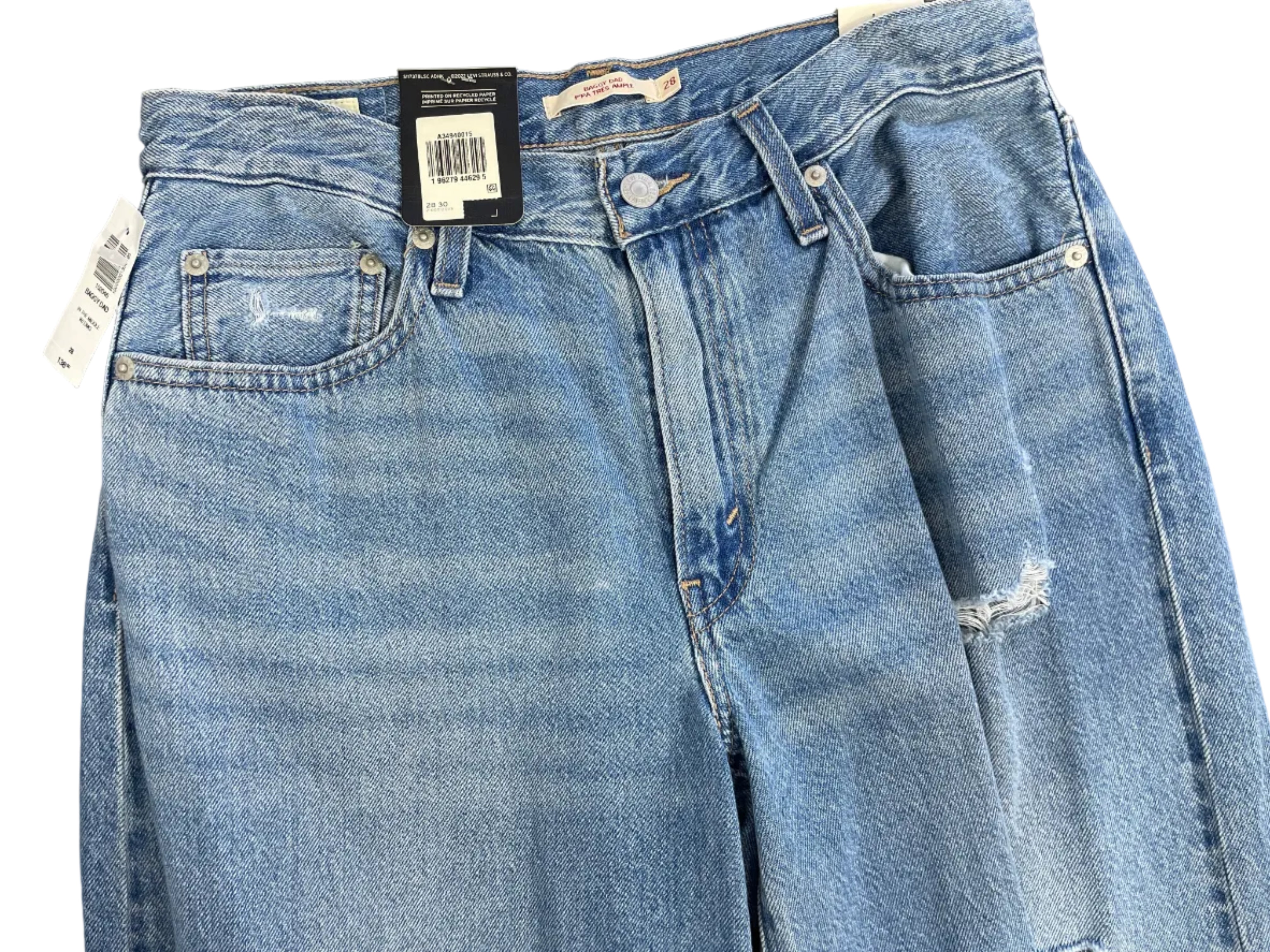Size 28 Levi’s Baggy Dad In the Middle Blue Distressed Jeans Front View