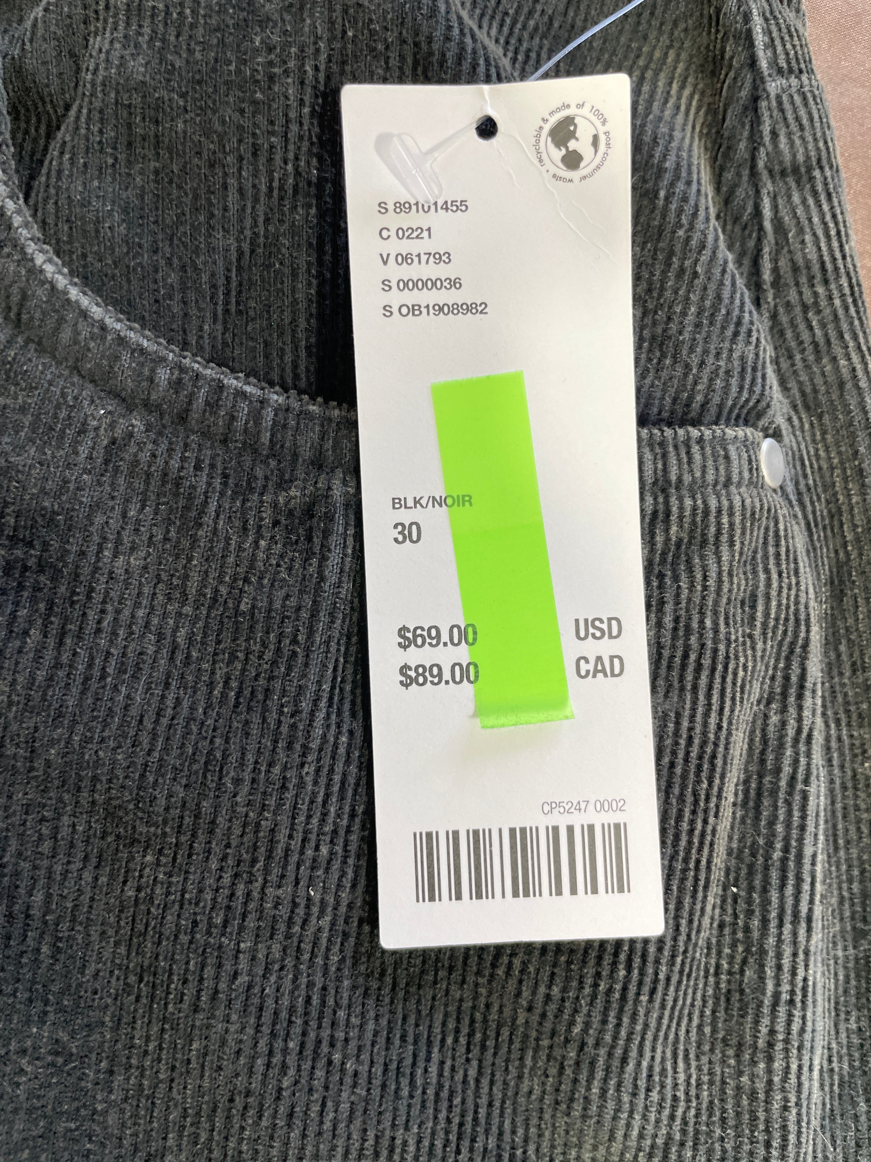Size 30 Urban Outfitters Black Corduroy Cropped Pants Original C$89 Tag