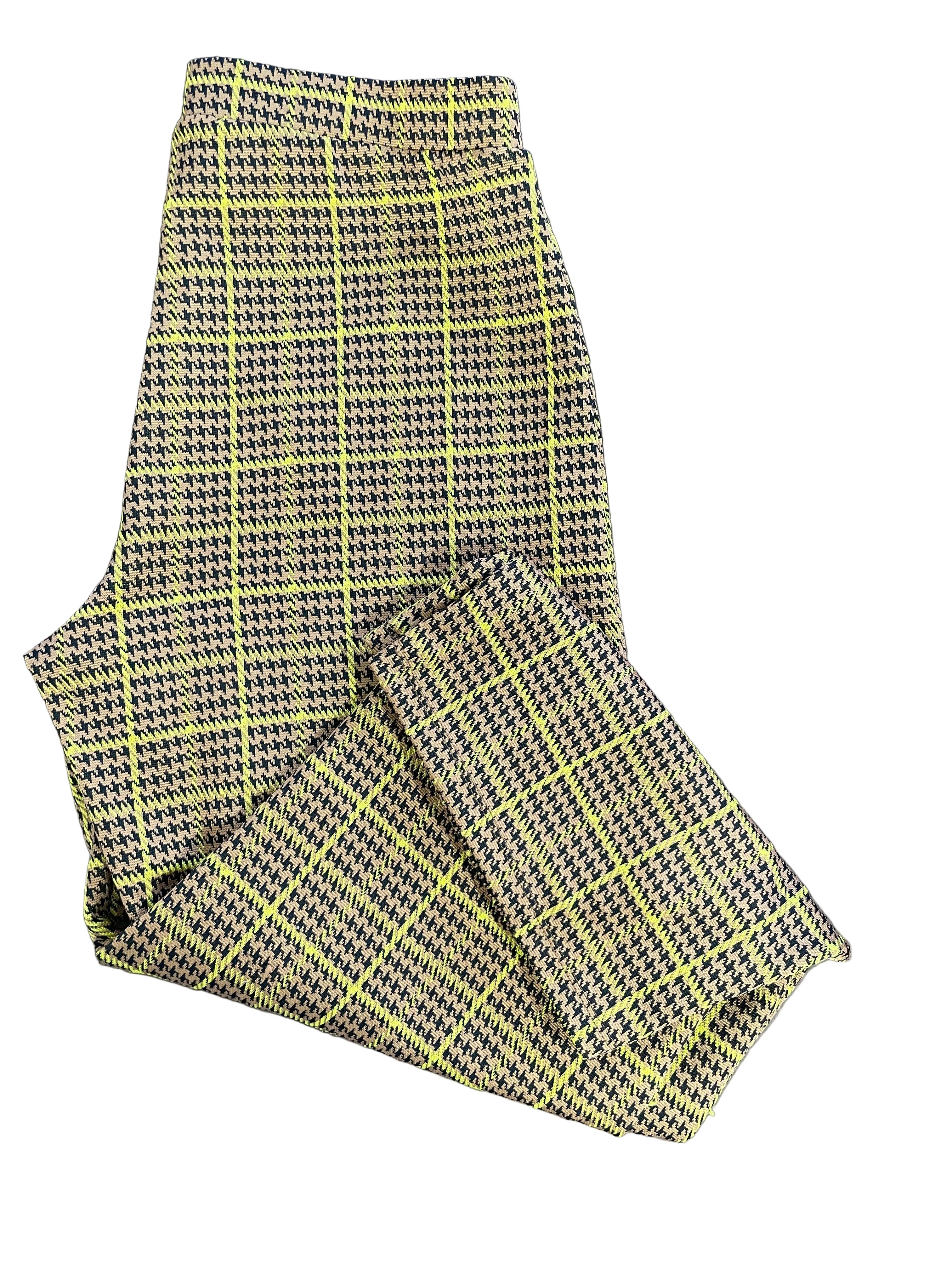 Medium Zara Trafaluc Brown Houndstooth Chartreuse Plaid Cropped Wide Leg Pants