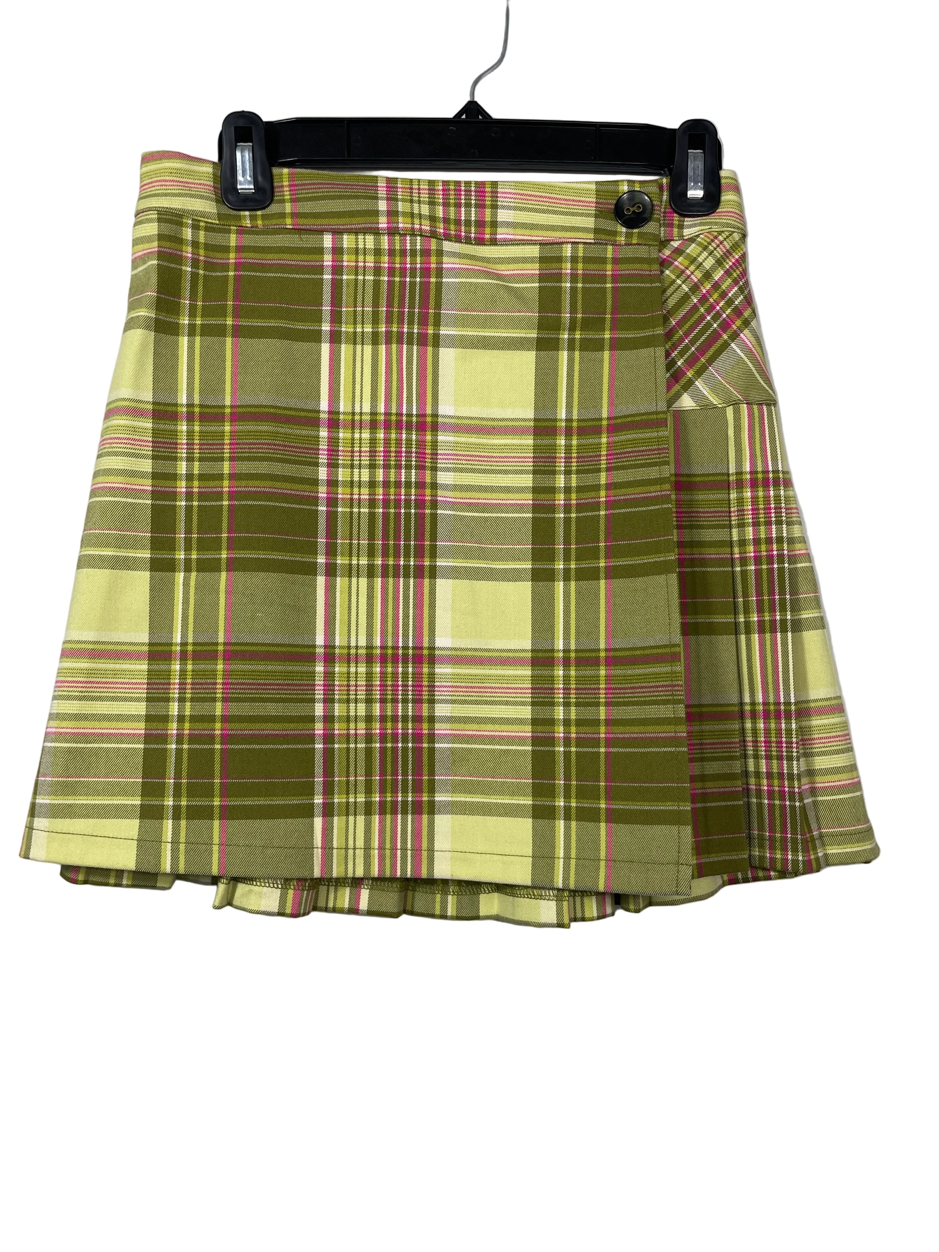 Medium Urban Outfitters Green Pink Plaid Pleated Mini Skirt Front