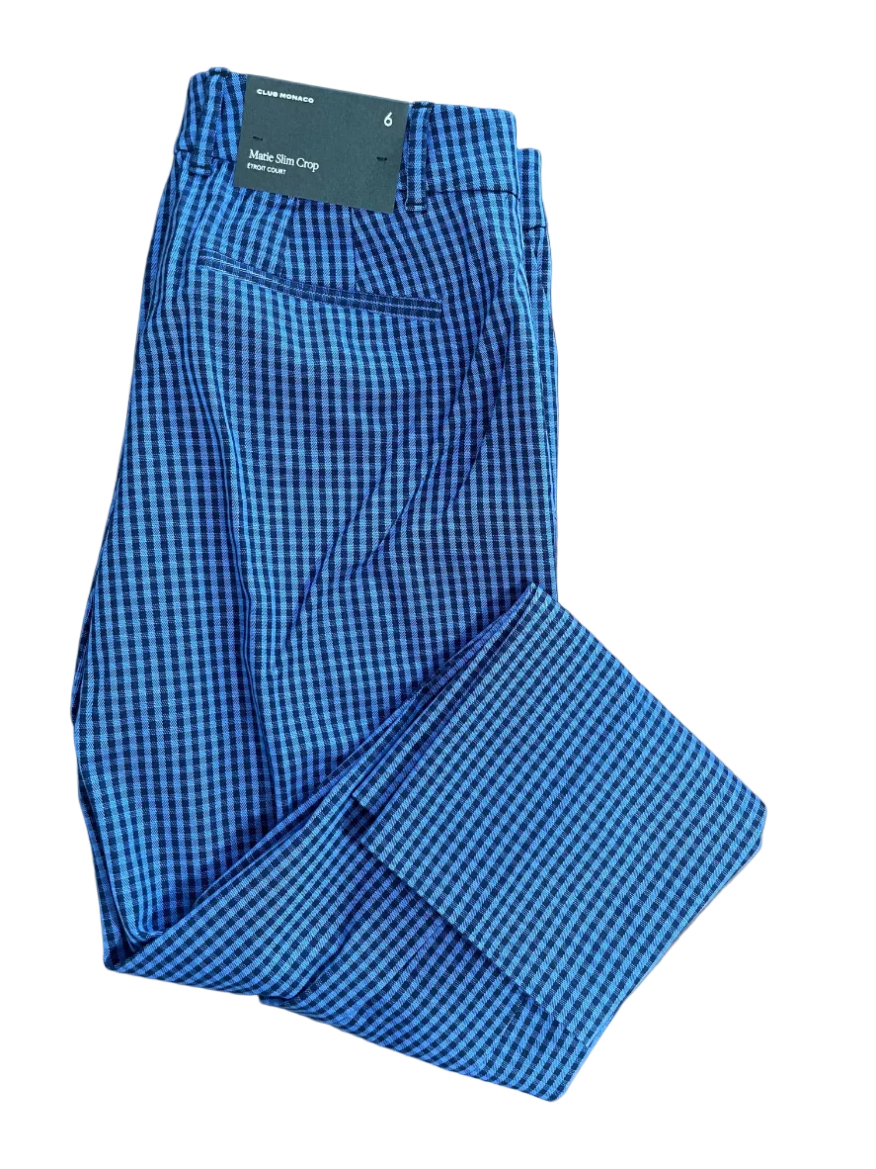 Size 6 Club Monaco Blue Navy Matie Slim Crop Check Pants New With Tags
