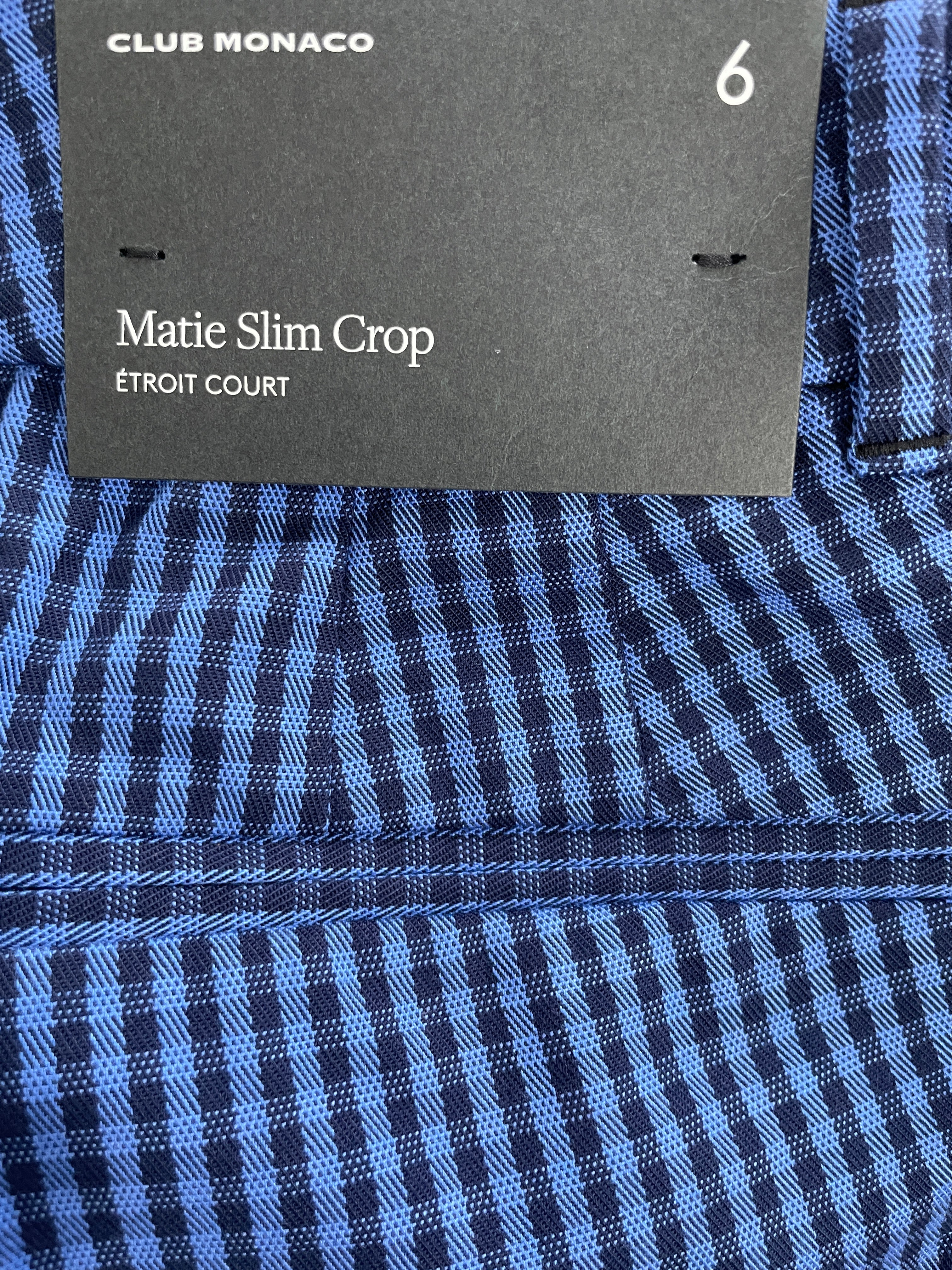Size 6 Club Monaco Matie Slim Crop Blue Navy Micro Check Pattern Detail