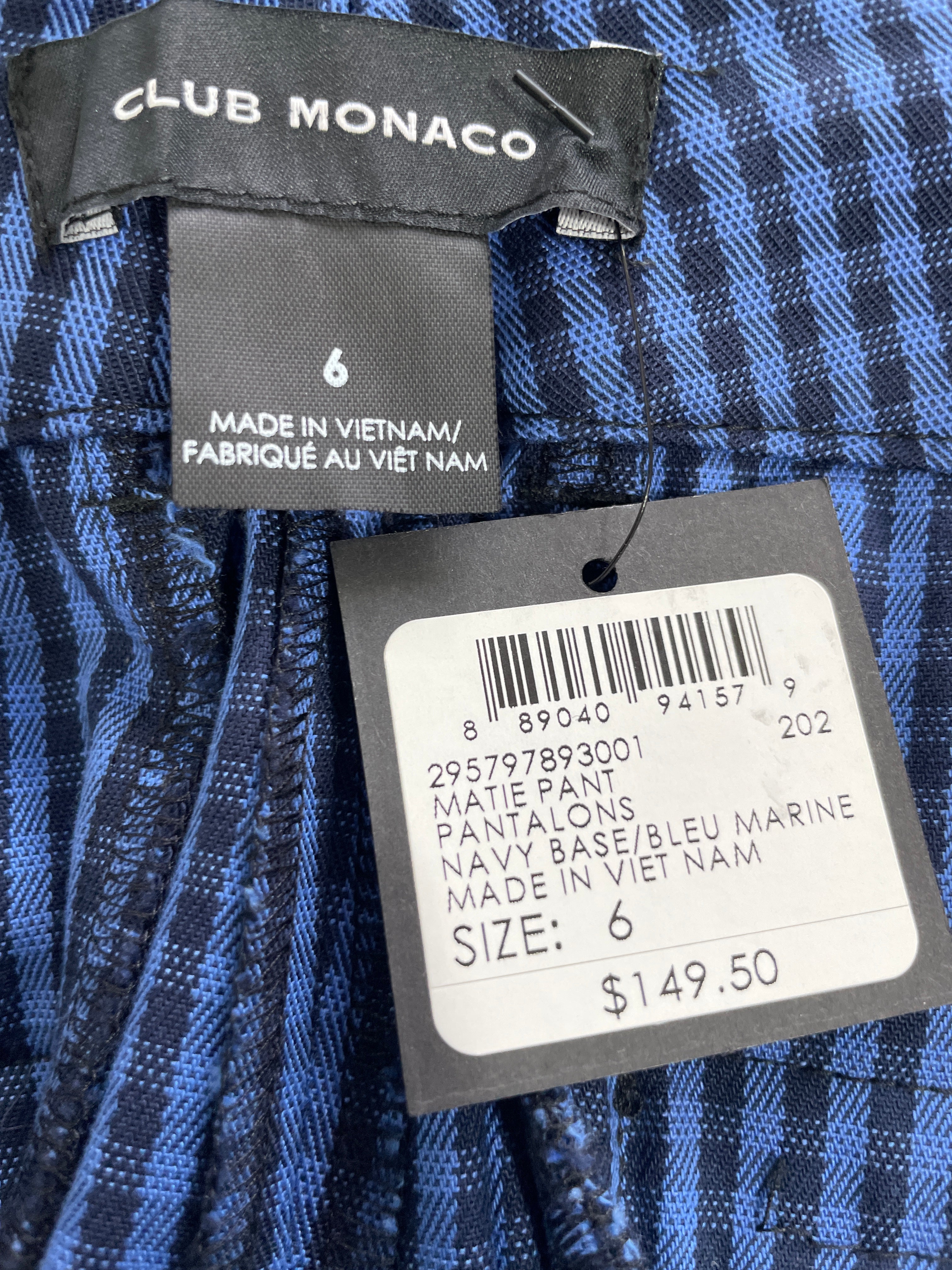 Size 6 Club Monaco Blue Navy Matie Slim Crop Pants Brand and Size Tag