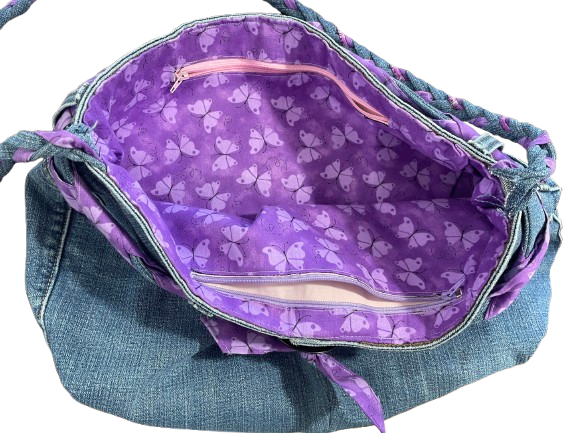 Sassy Dezines Upcycled Levi's Blue Jean Shoulder Bag with Purple Butterfly Details