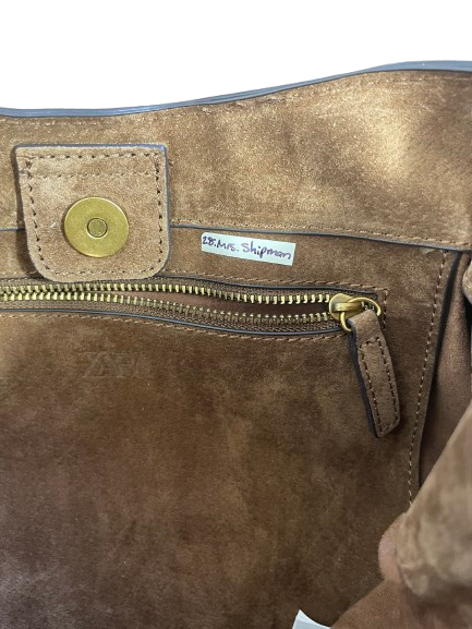 Zara Brown Suede Shoulder Bag Interior Zip Pocket Mrs Shipman Wardrobe Label