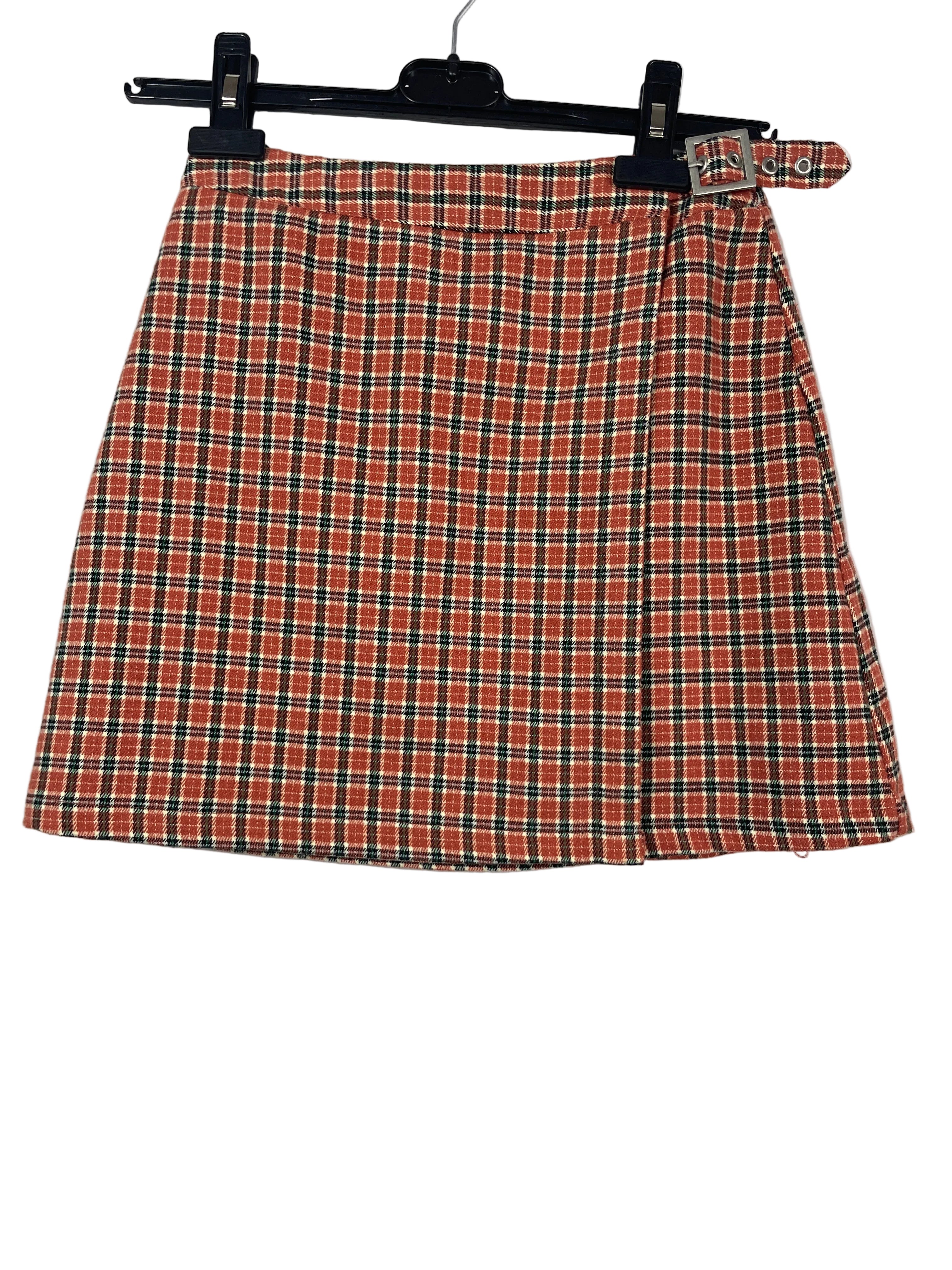 Small J. Galt red plaid flannel buckle wrap mini skirt front view