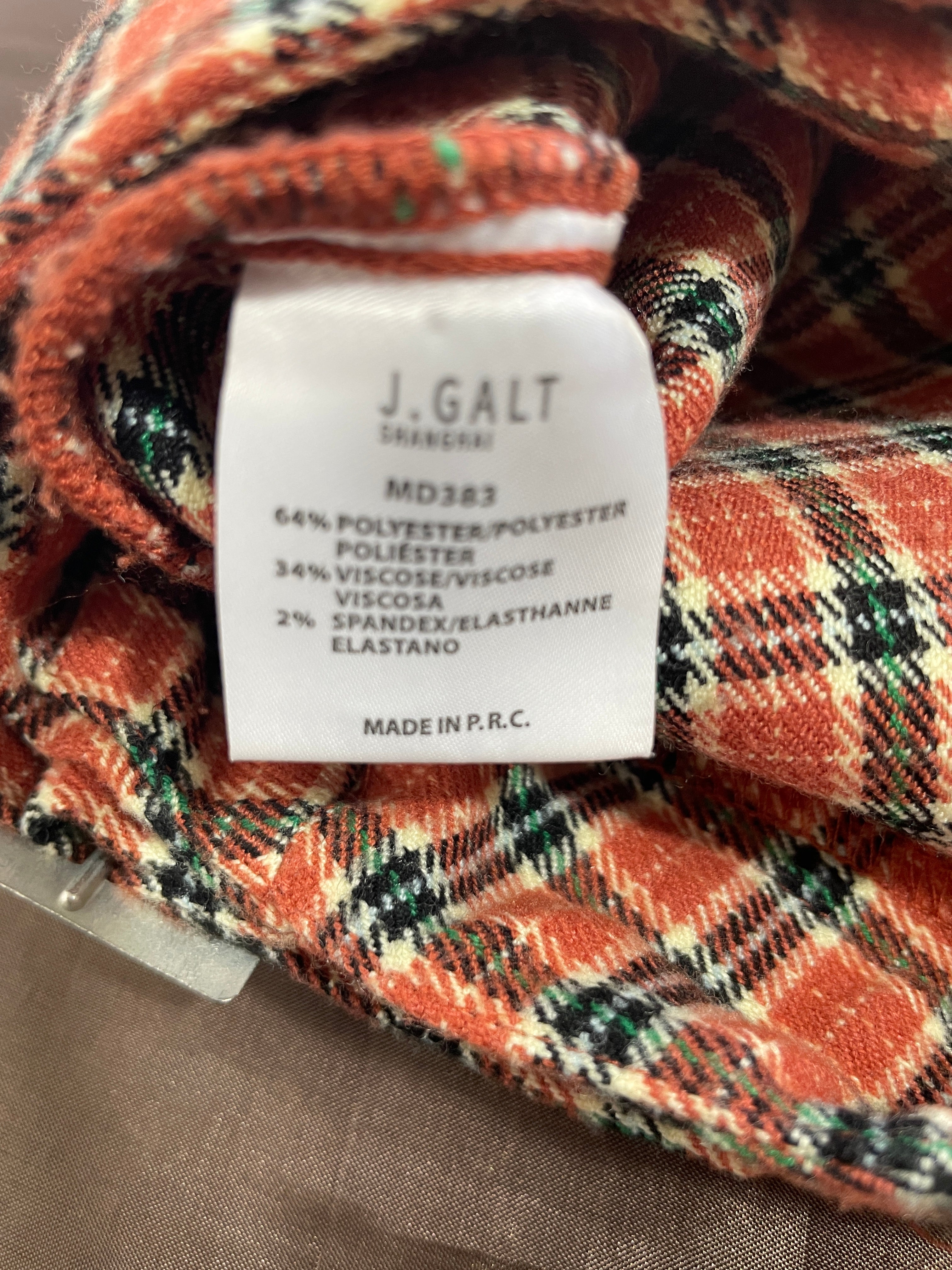 Small J. Galt MD383 red plaid flannel mini skirt fabric content label