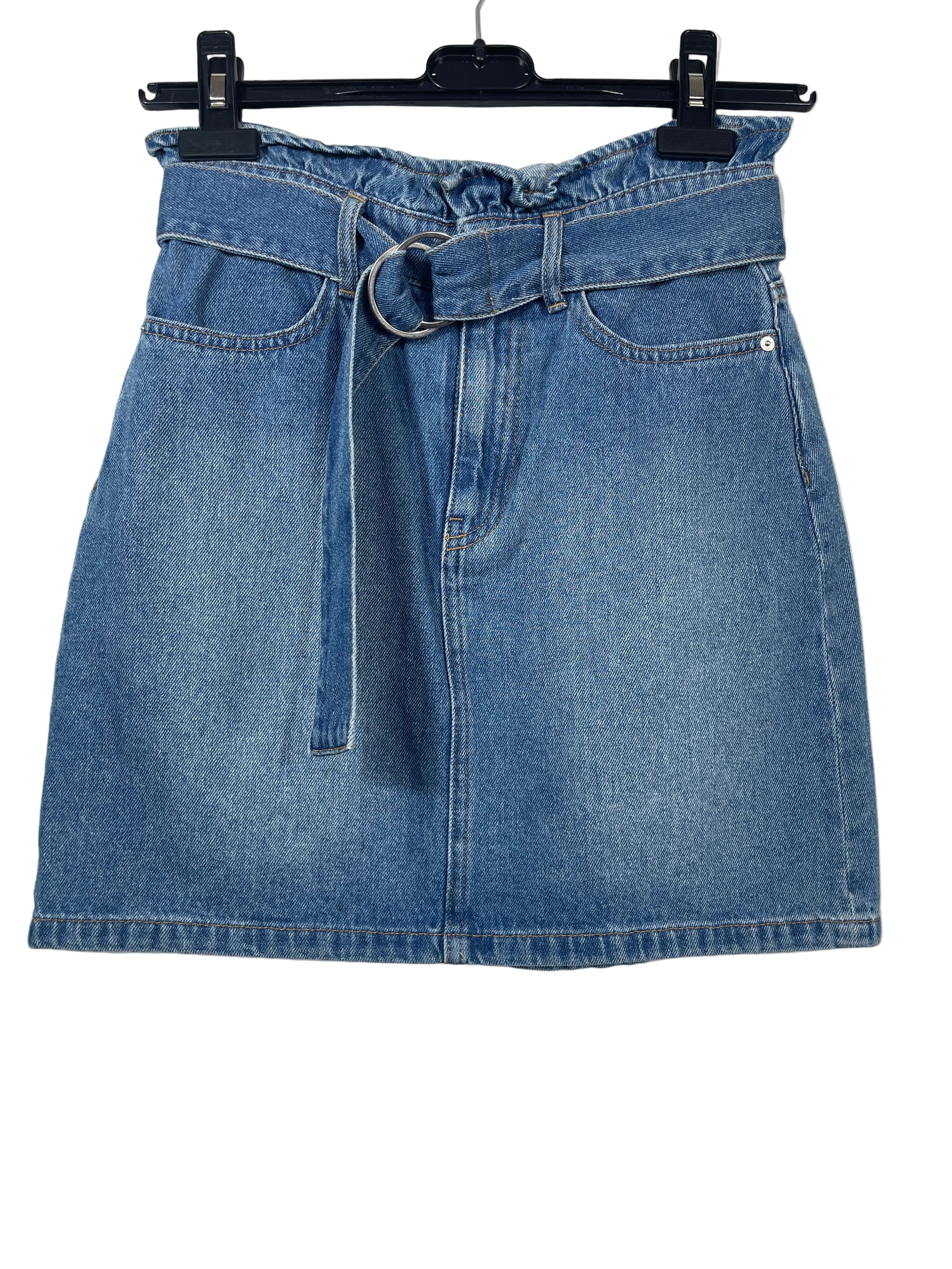 Size 2 H&M Divided blue paper-bag belted denim skirt front view