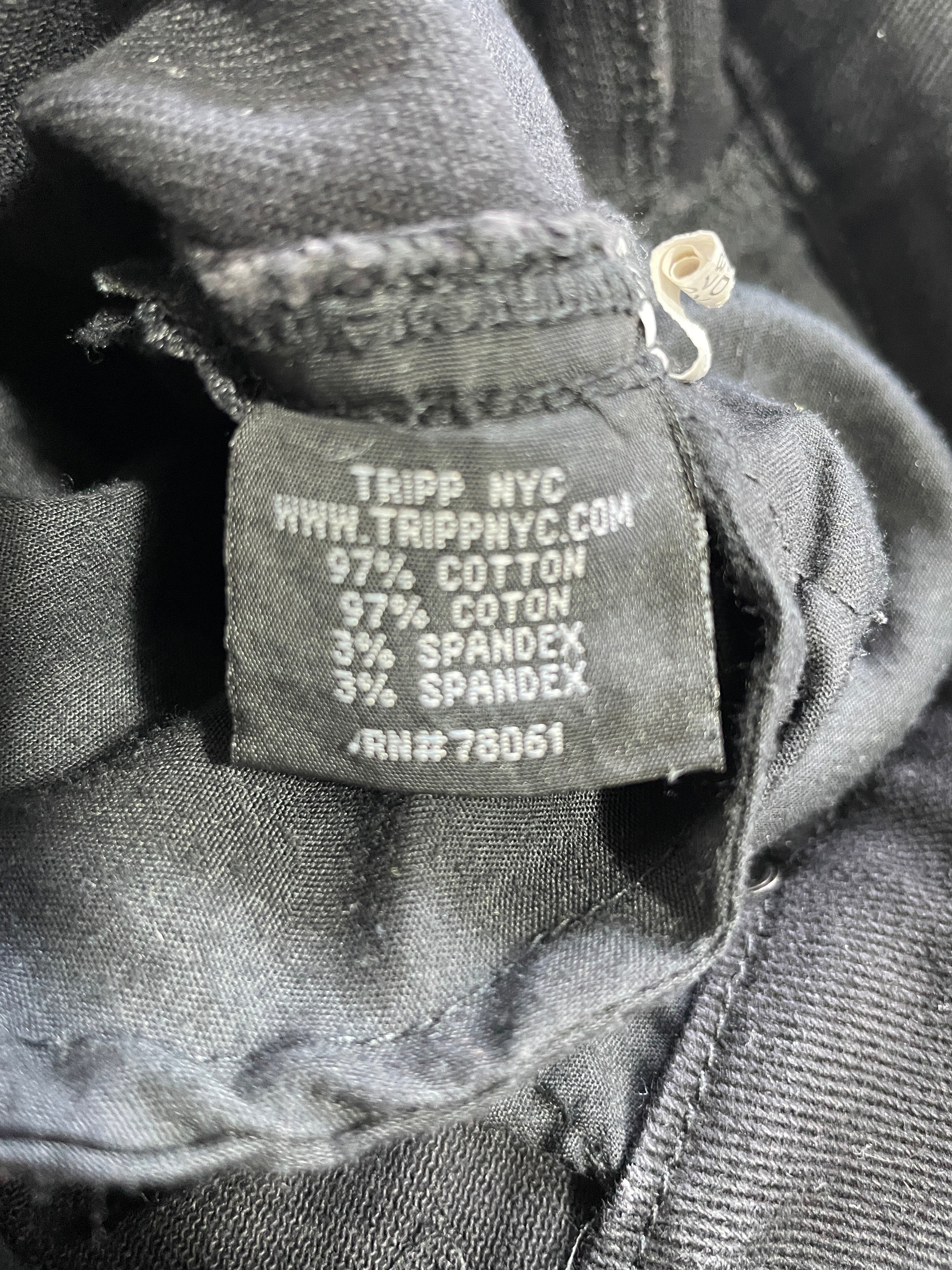 Tripp NYC black cotton stretch pants fabric composition label 97 percent cotton 3 percent spandex