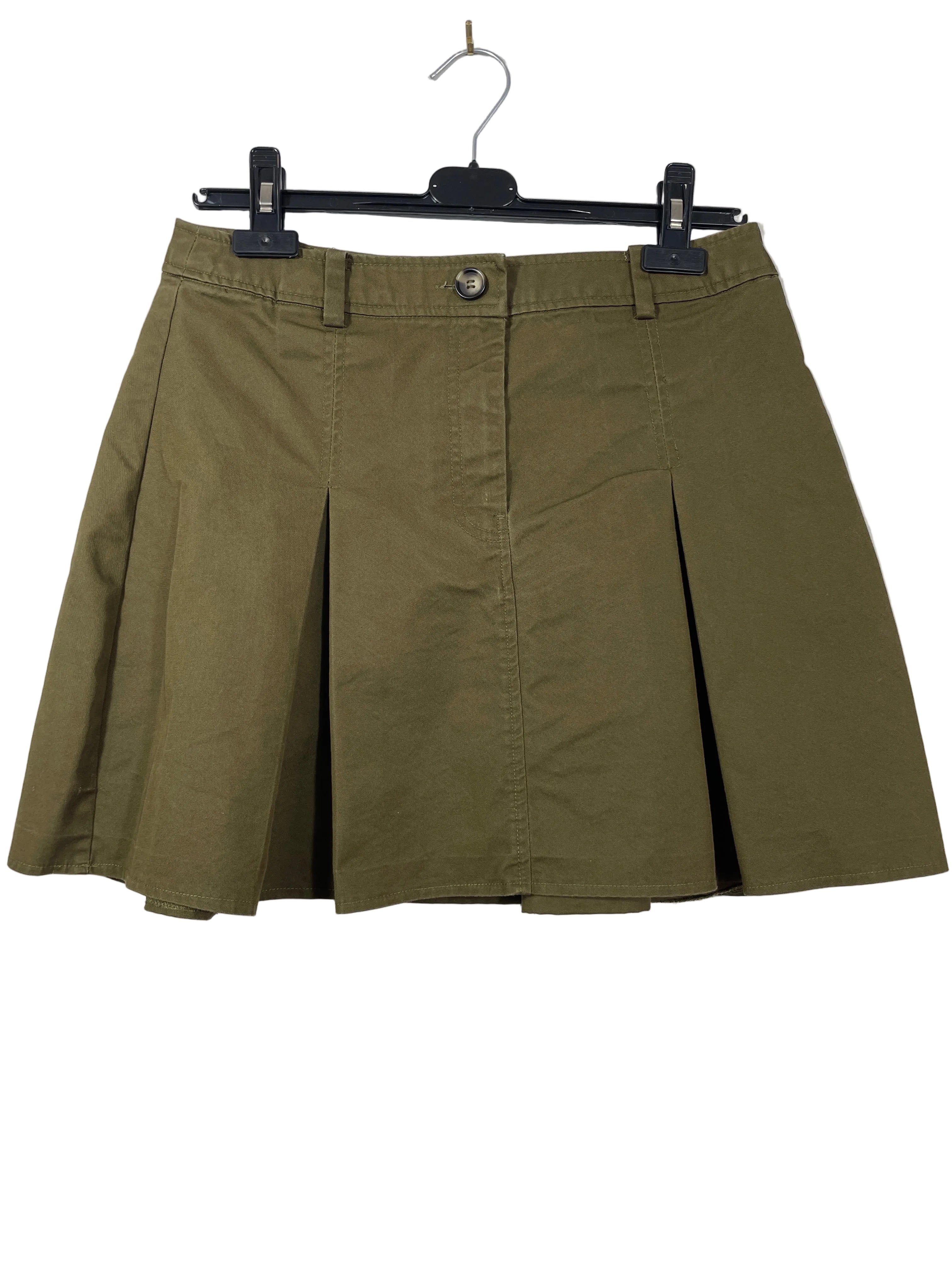 Size 6 H&M olive green box pleated cotton blend mini skirt front view