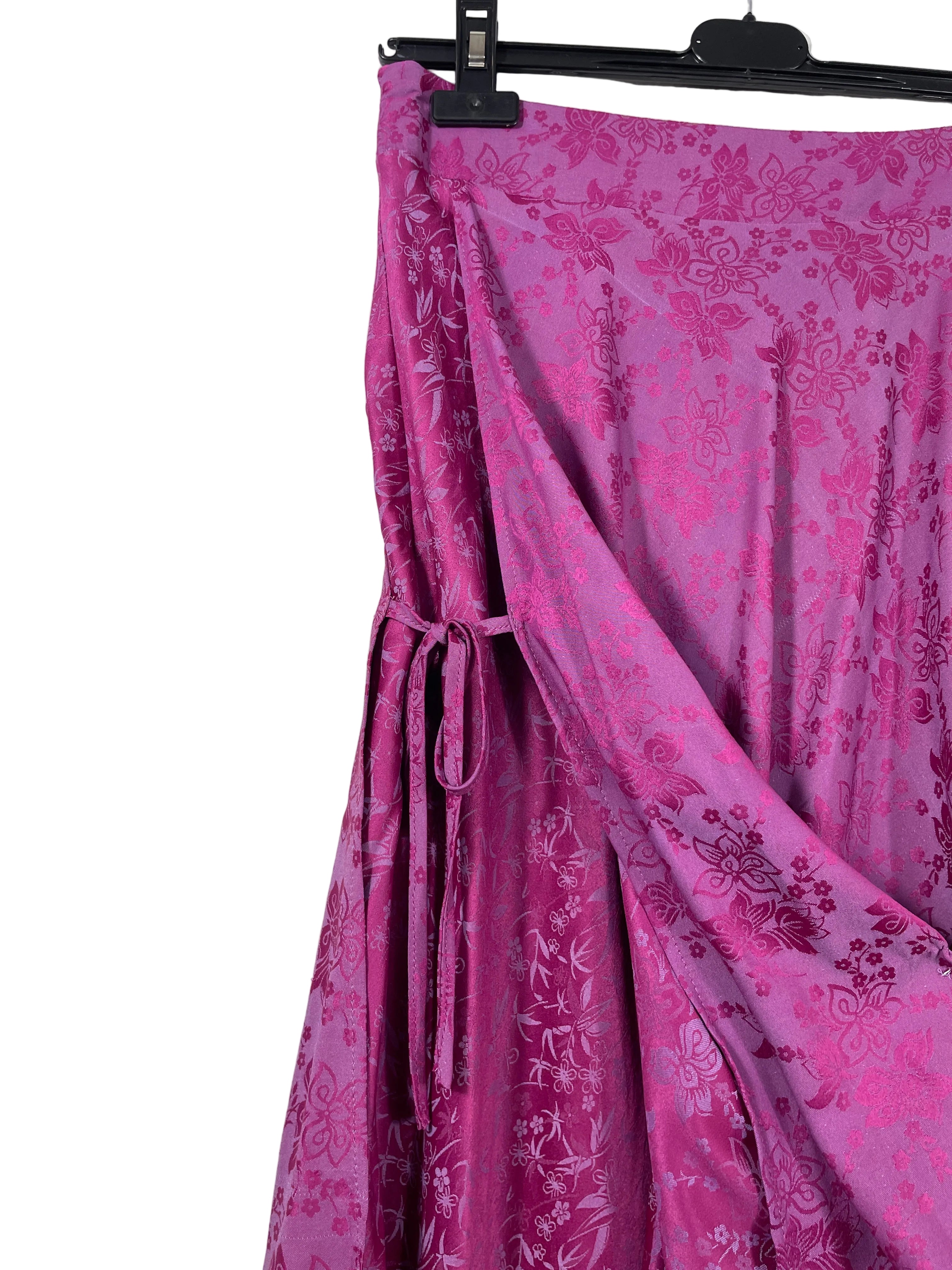 Size Small purple fuchsia floral asymmetrical skirt side tie and overlapping panel detail