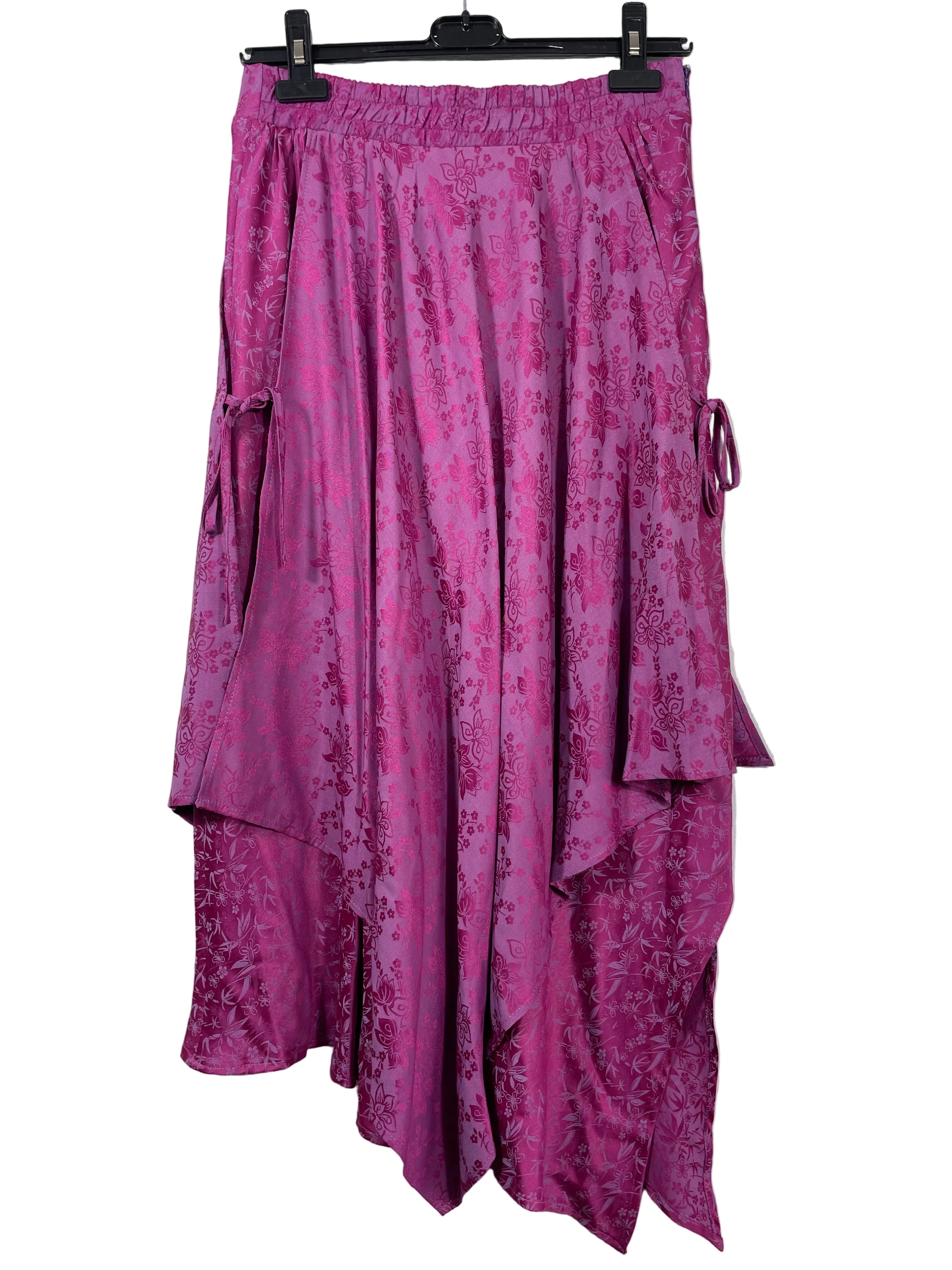 Size Small pink purple floral handkerchief hem midi skirt elastic waistband back view
