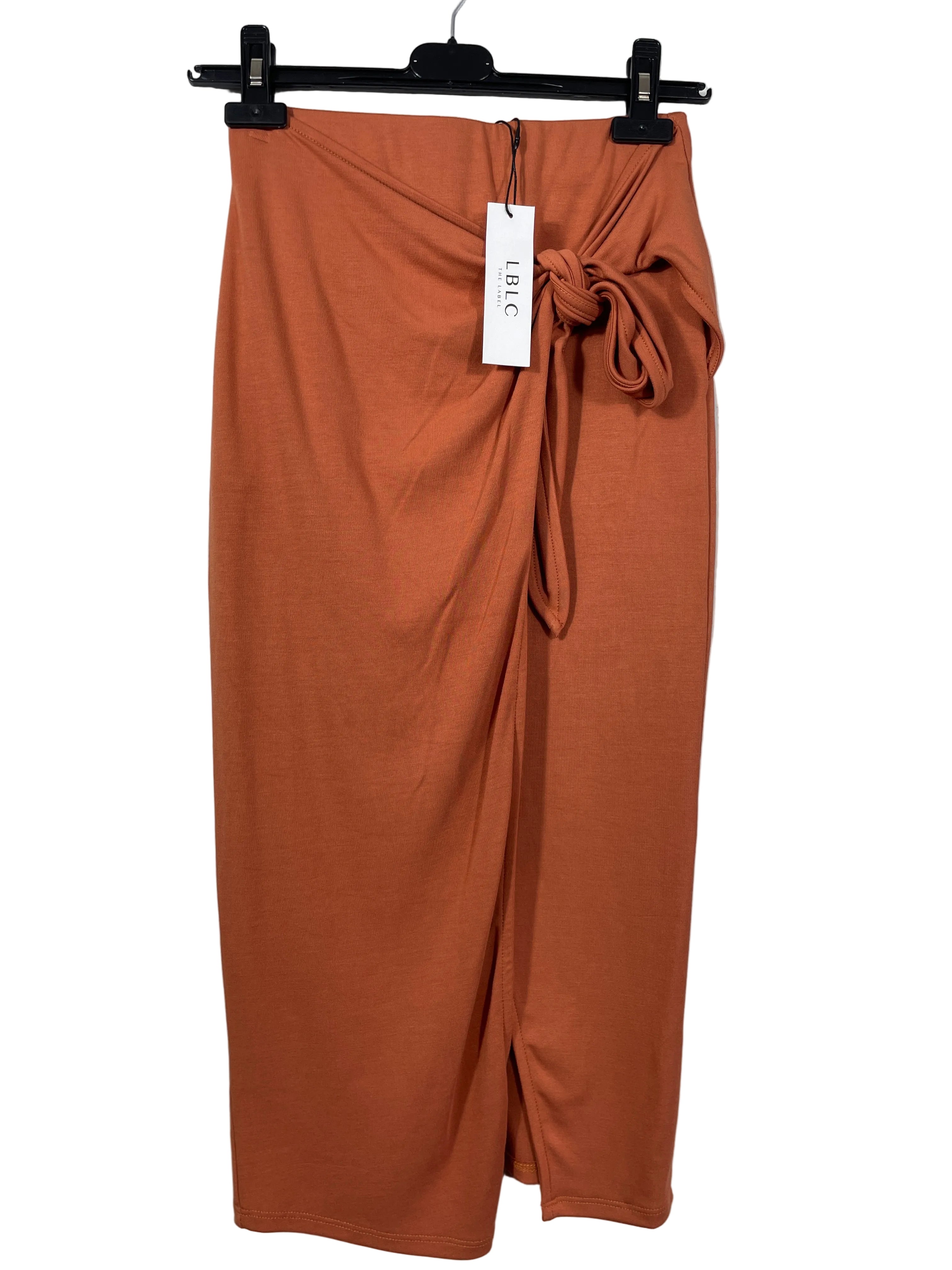 Size Small LBLC The Label rust orange wrap midi skirt side tie front view NWT