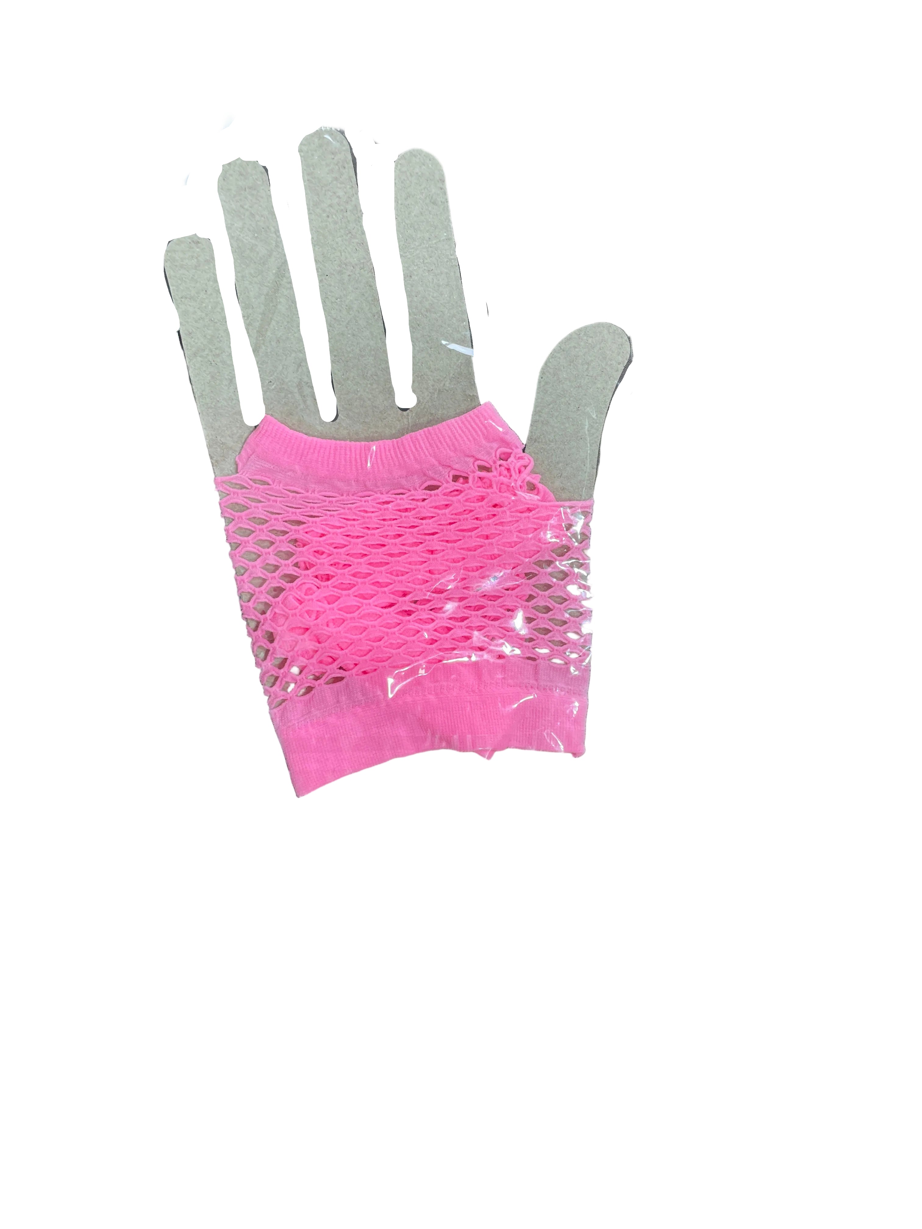 1. Neon pink fishnet fingerless gloves open diamond mesh knit wrist cuffs back view