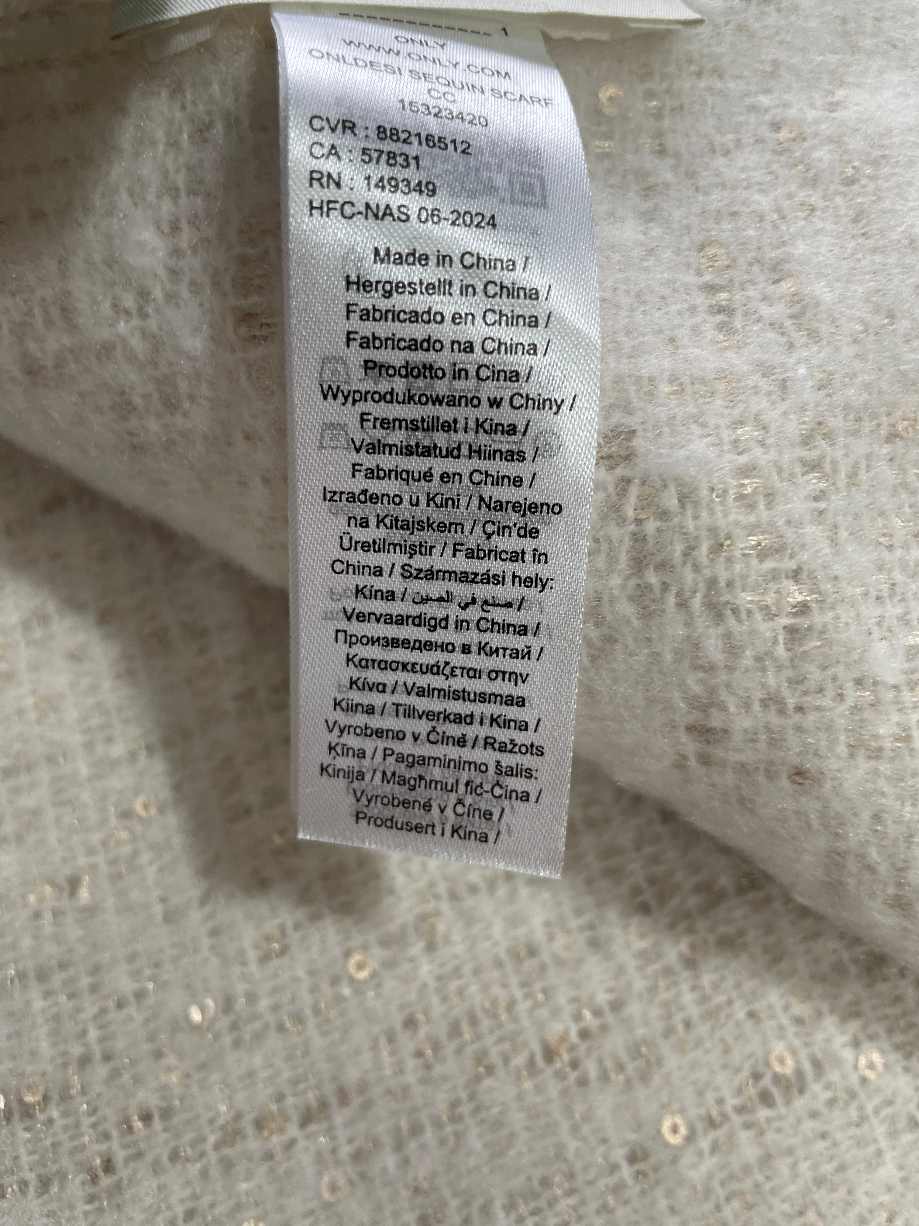 ONLY Onldesi sequin scarf one size clothing label showing brand and country of manufacture