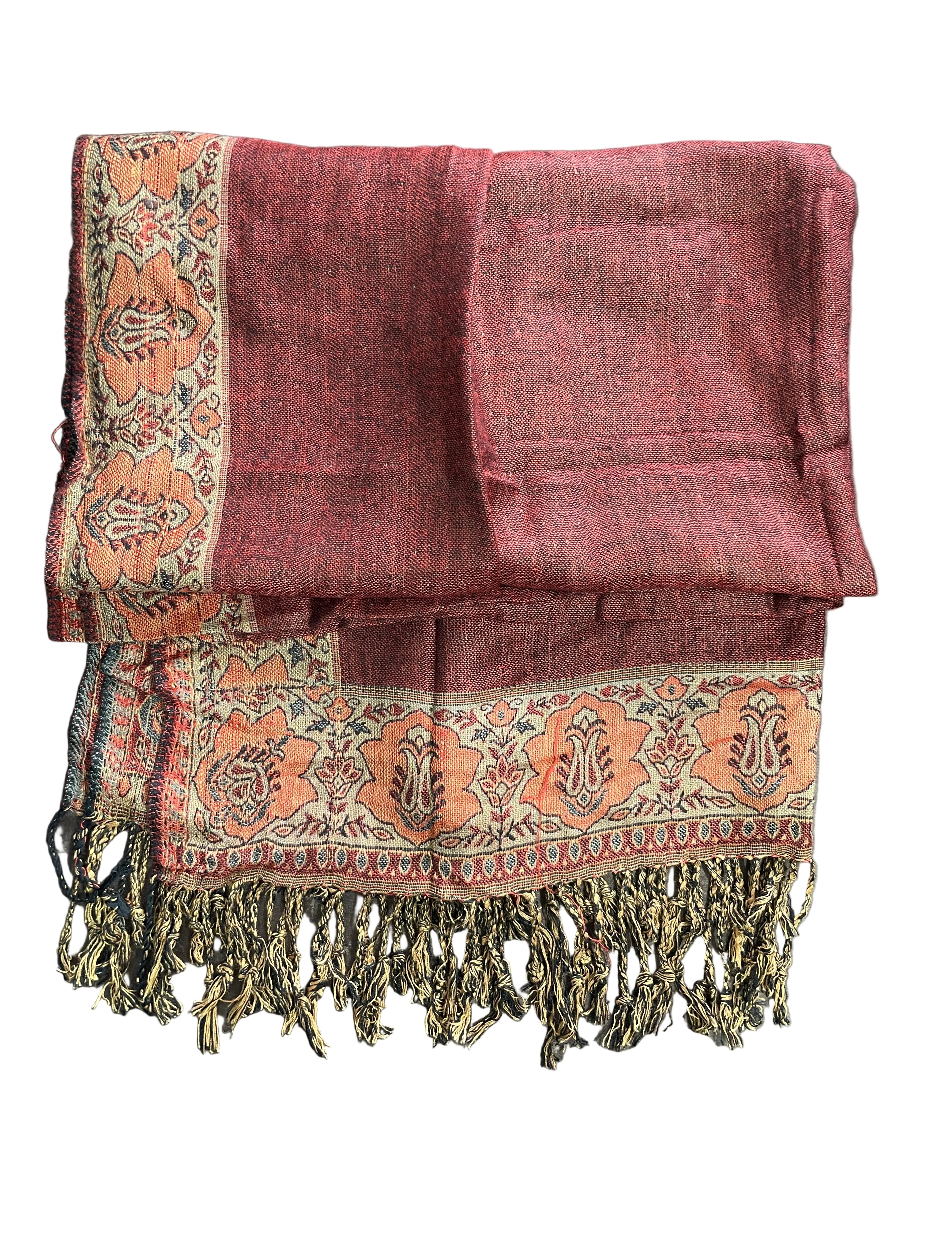 Burgundy rust orange floral paisley border fringed pashmina shawl wrap