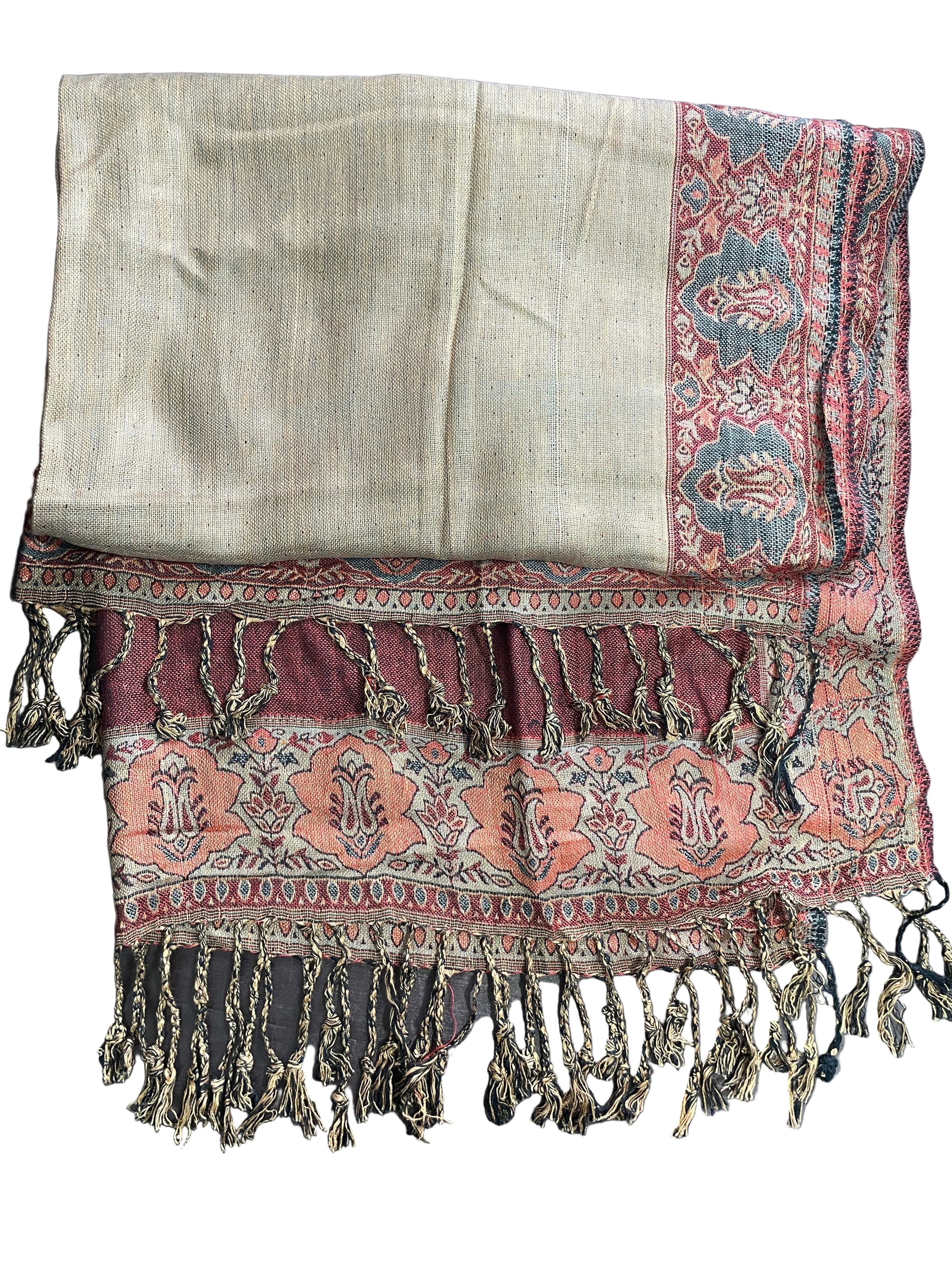 - Unbranded burgundy woven shawl with ornate orange floral border and tassel fringe