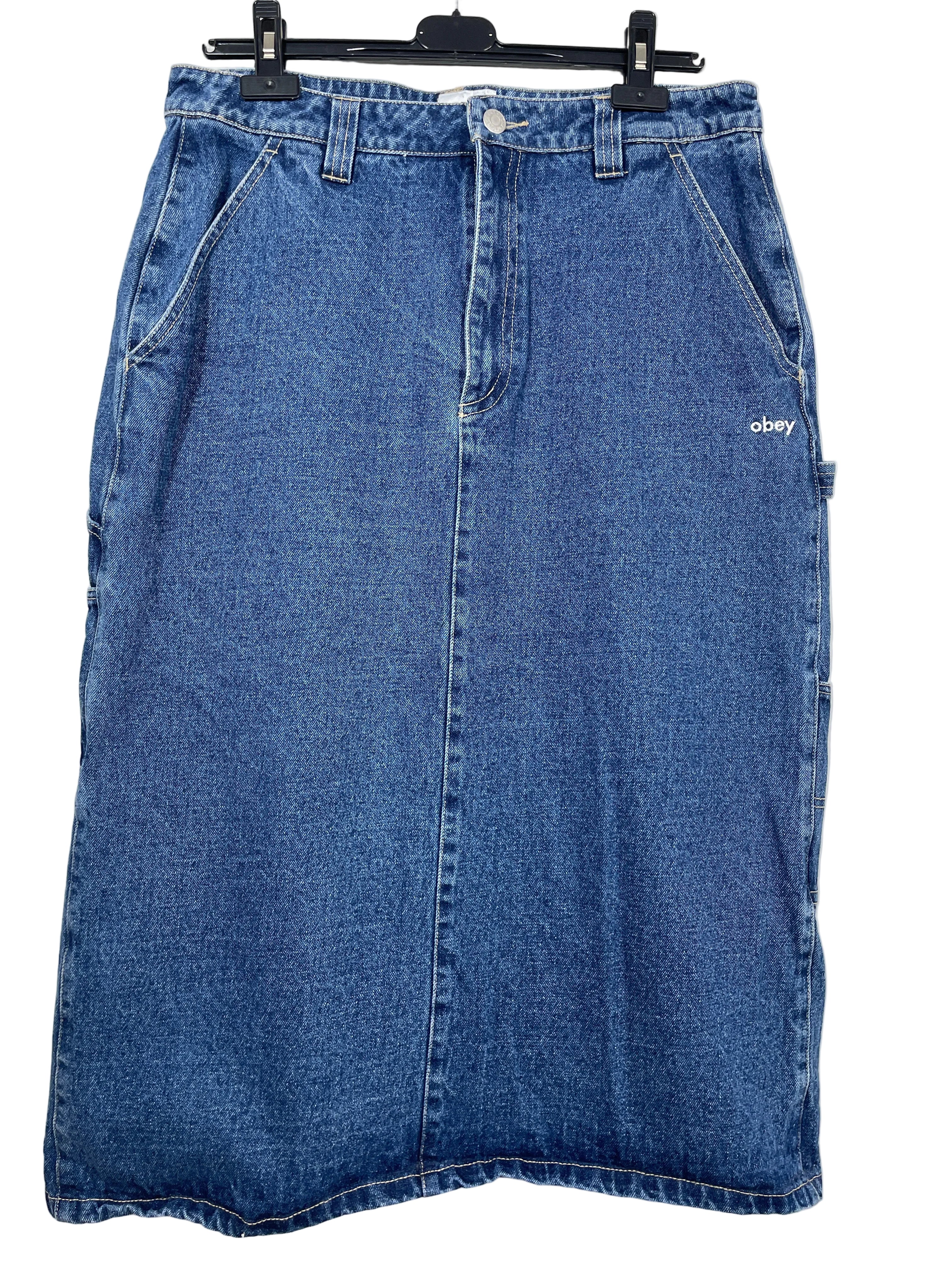 Size 32 OBEY blue embroidered carpenter utility denim maxi skirt front view