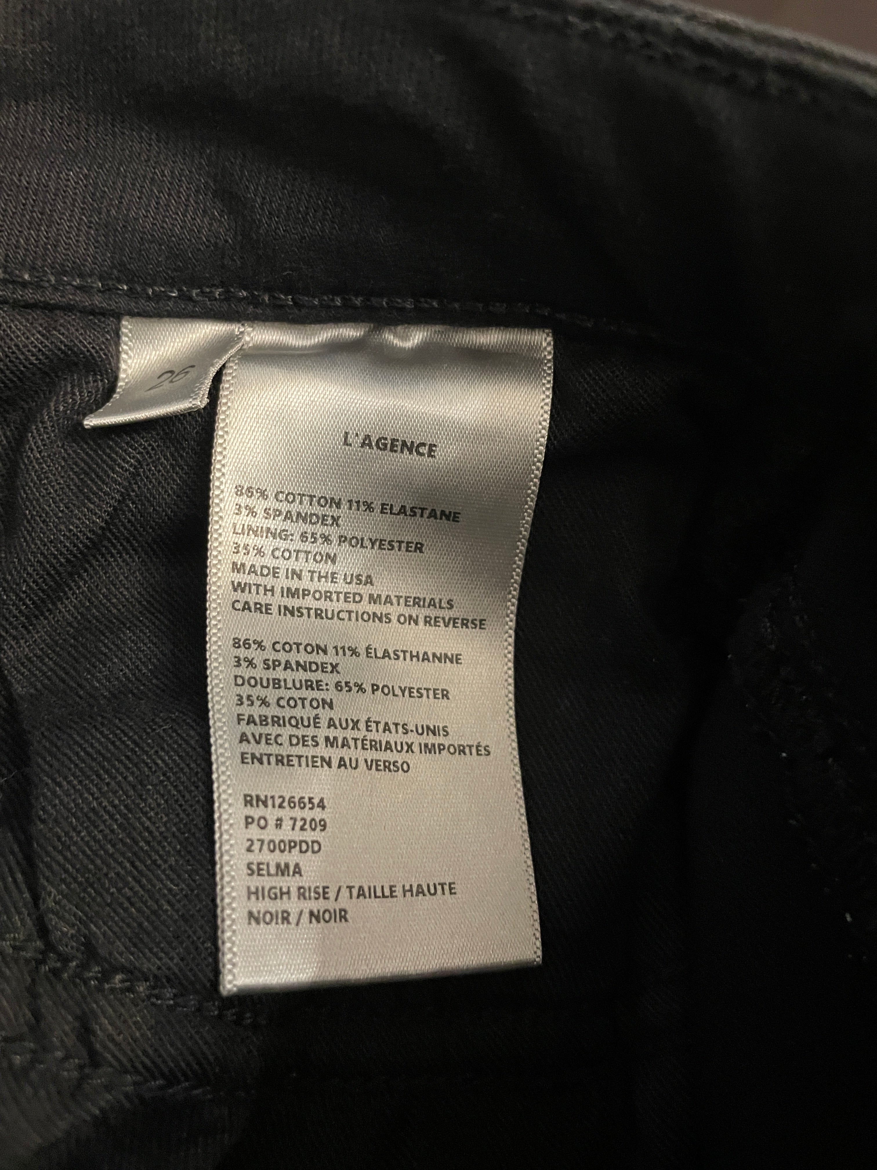 Size 28 L'AGENCE Selma black jeans cotton stretch fabric composition and style label