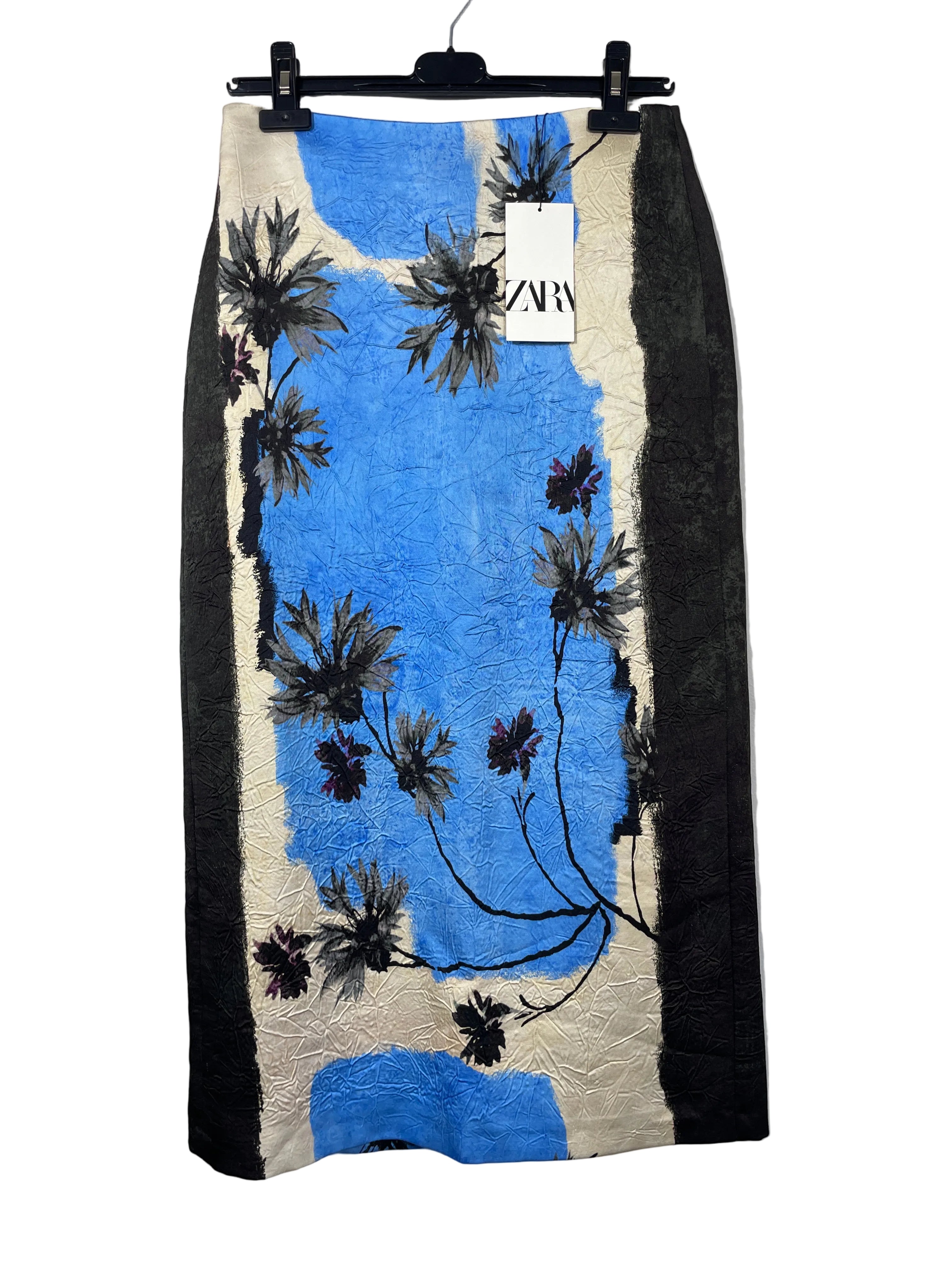 Zara women's abstract floral midi skirt in cobalt blue, black and cream, front view