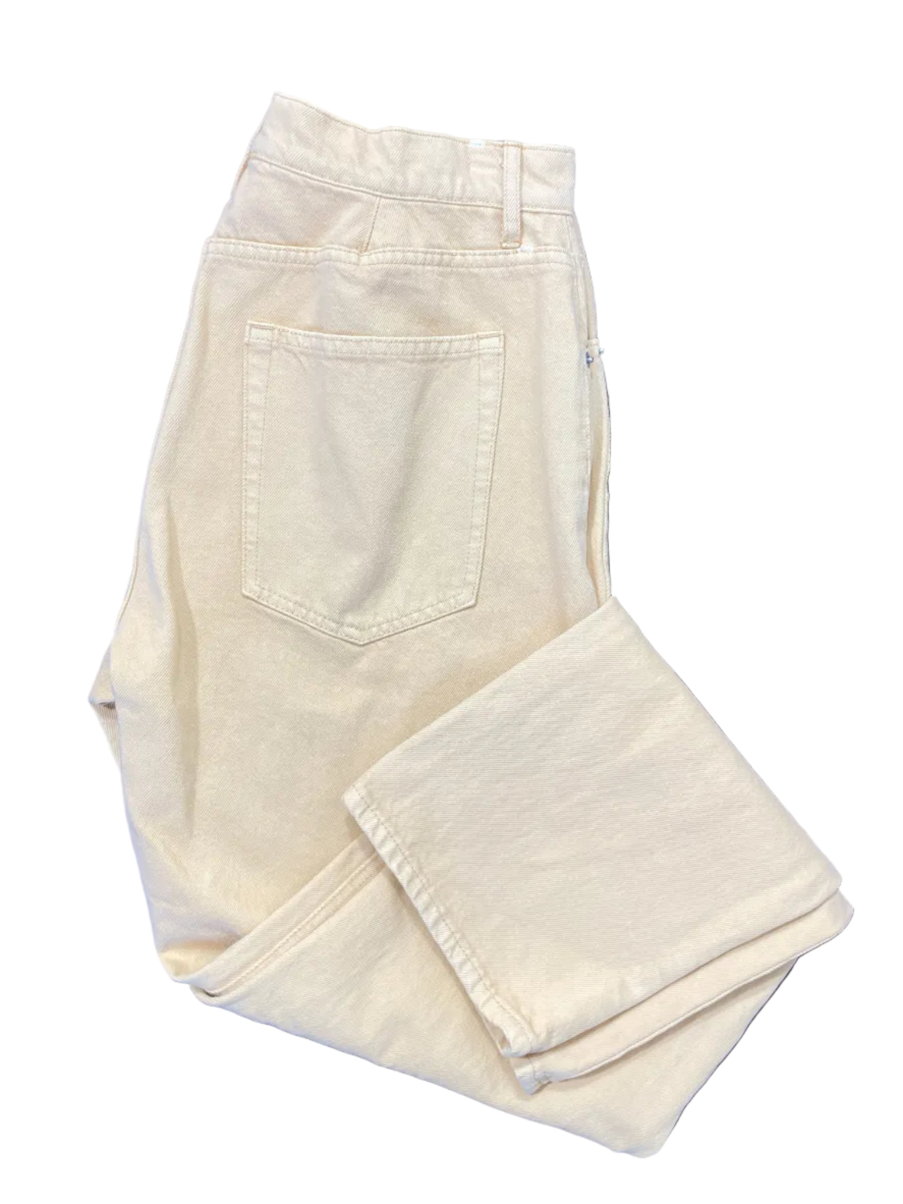Club Monaco mustard yellow Relaxed Slim cotton jeans folded to show back pocket and denim fabric