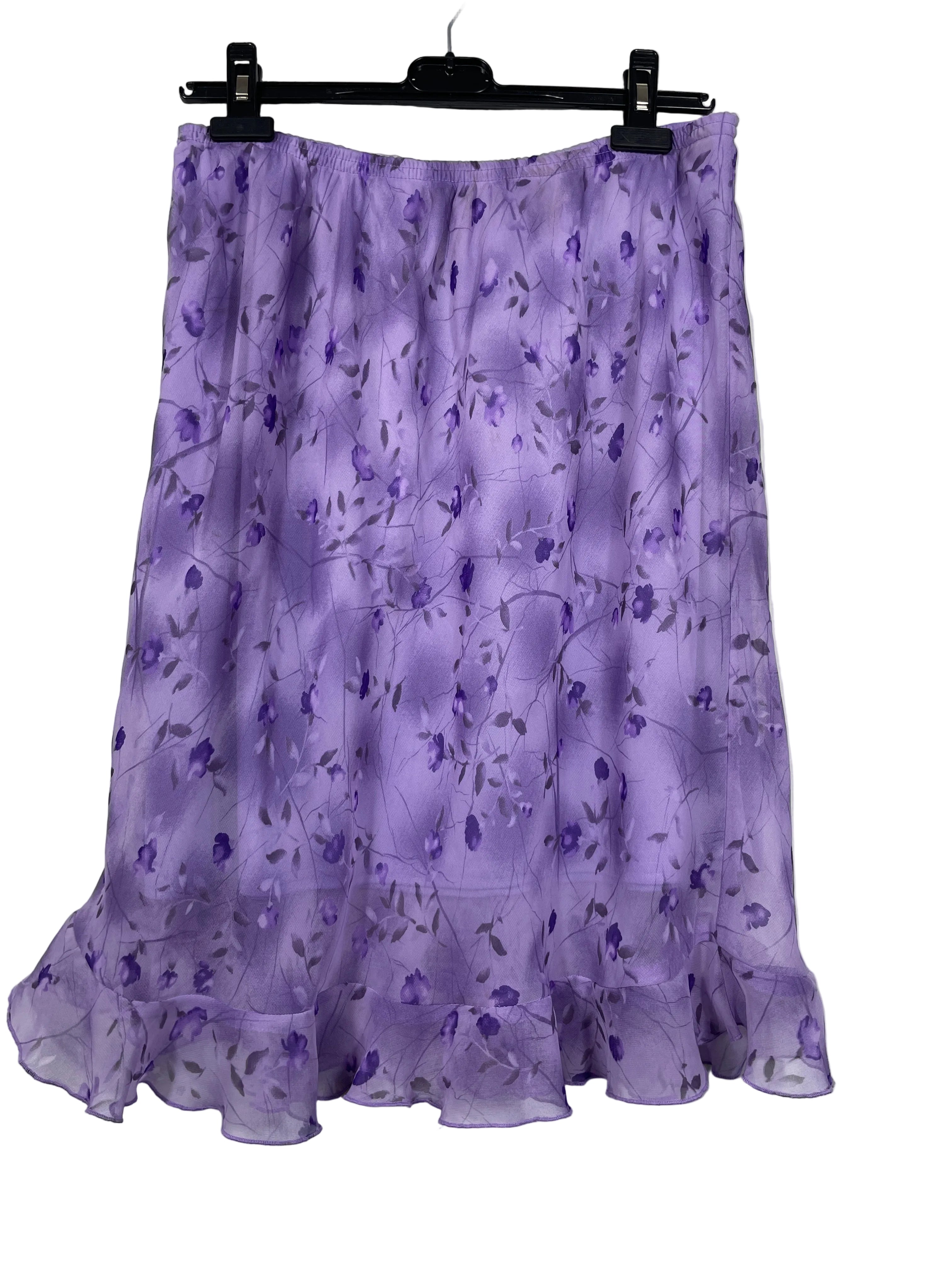 Size 18W lavender purple floral midi skirt with ruffle hem front view