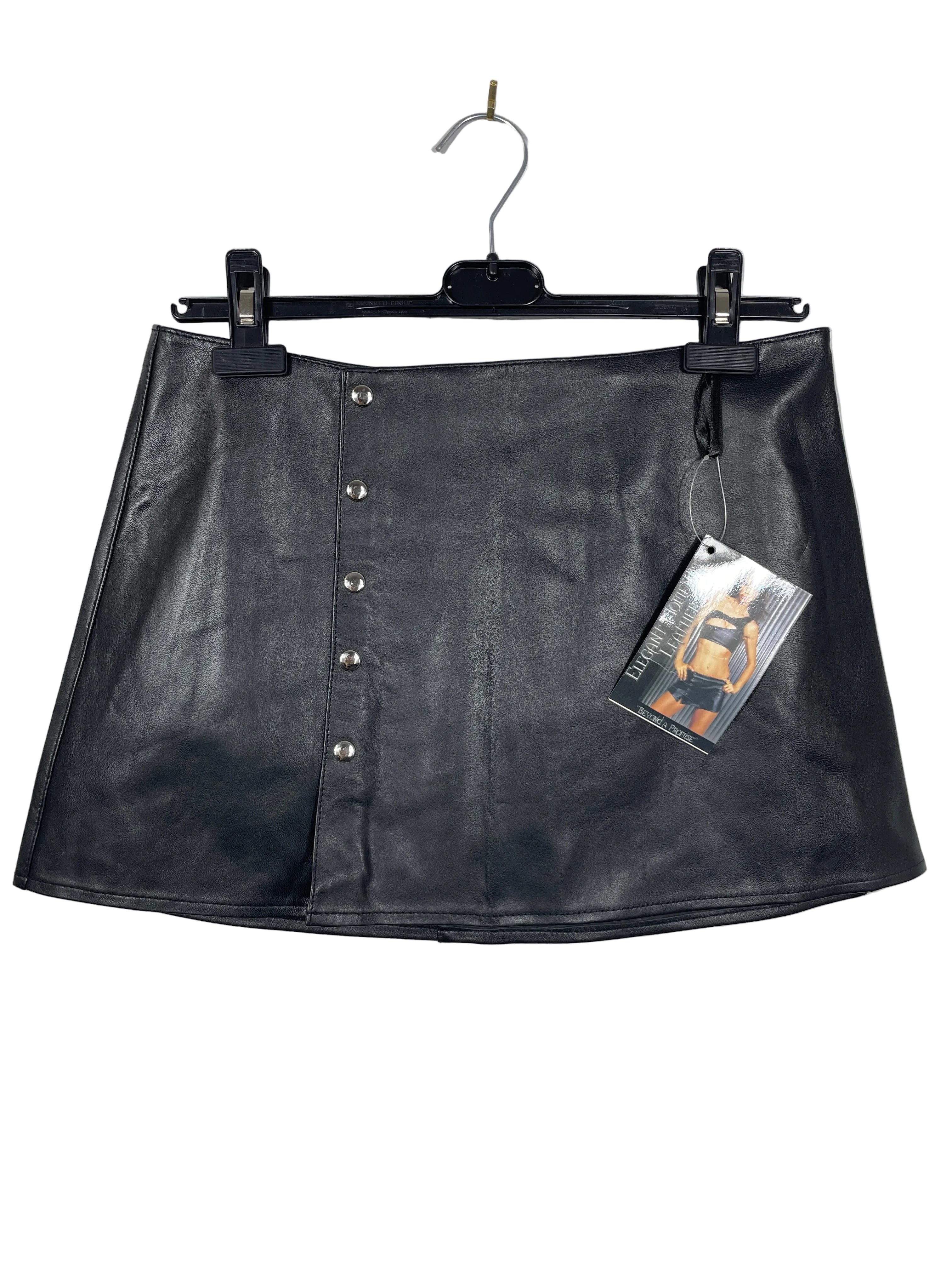 Size M Elegant Moments Leather black genuine leather A-line mini skirt silver snap details front