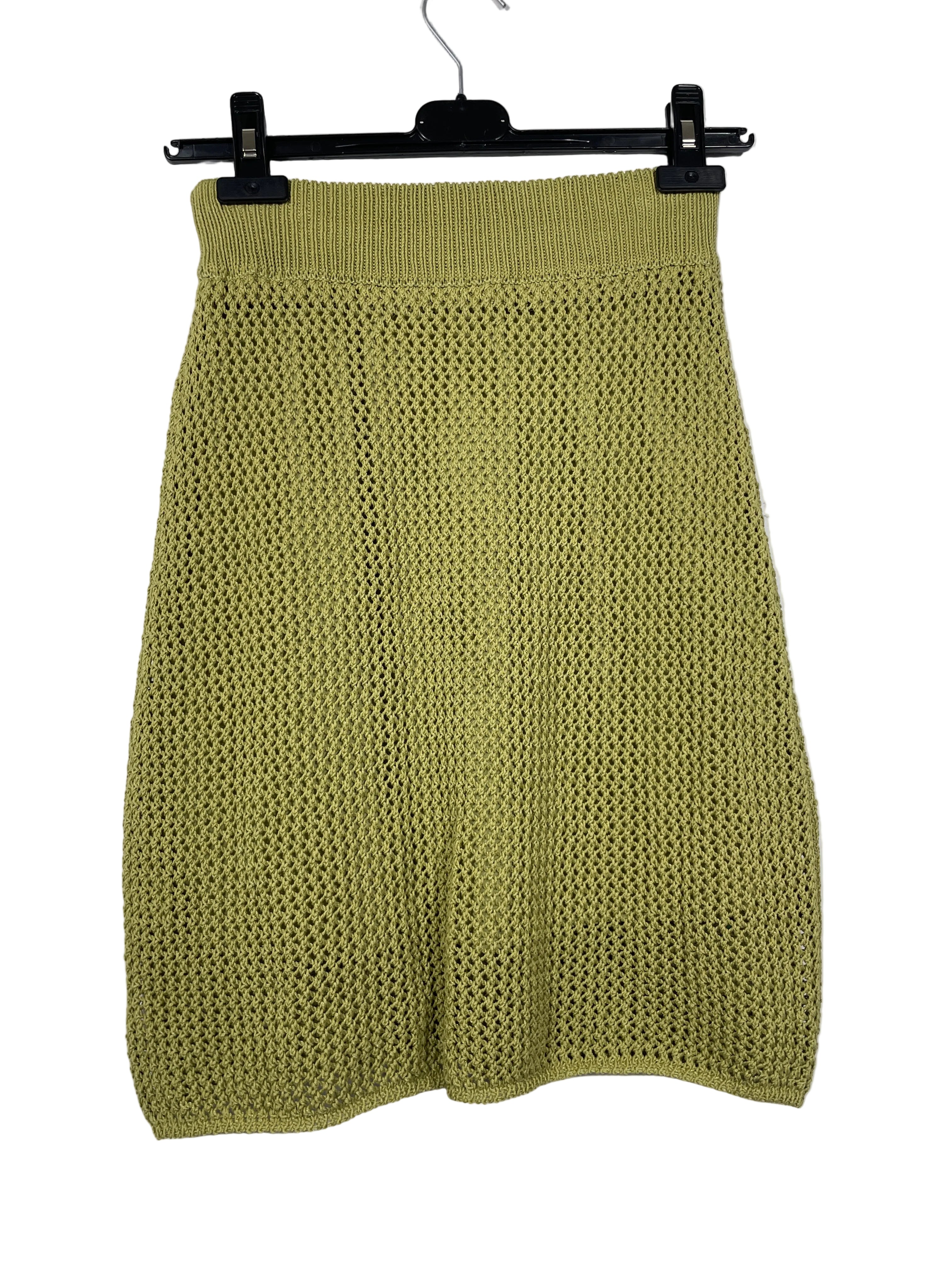 Size XS SJYP olive green open knit lined skirt back view