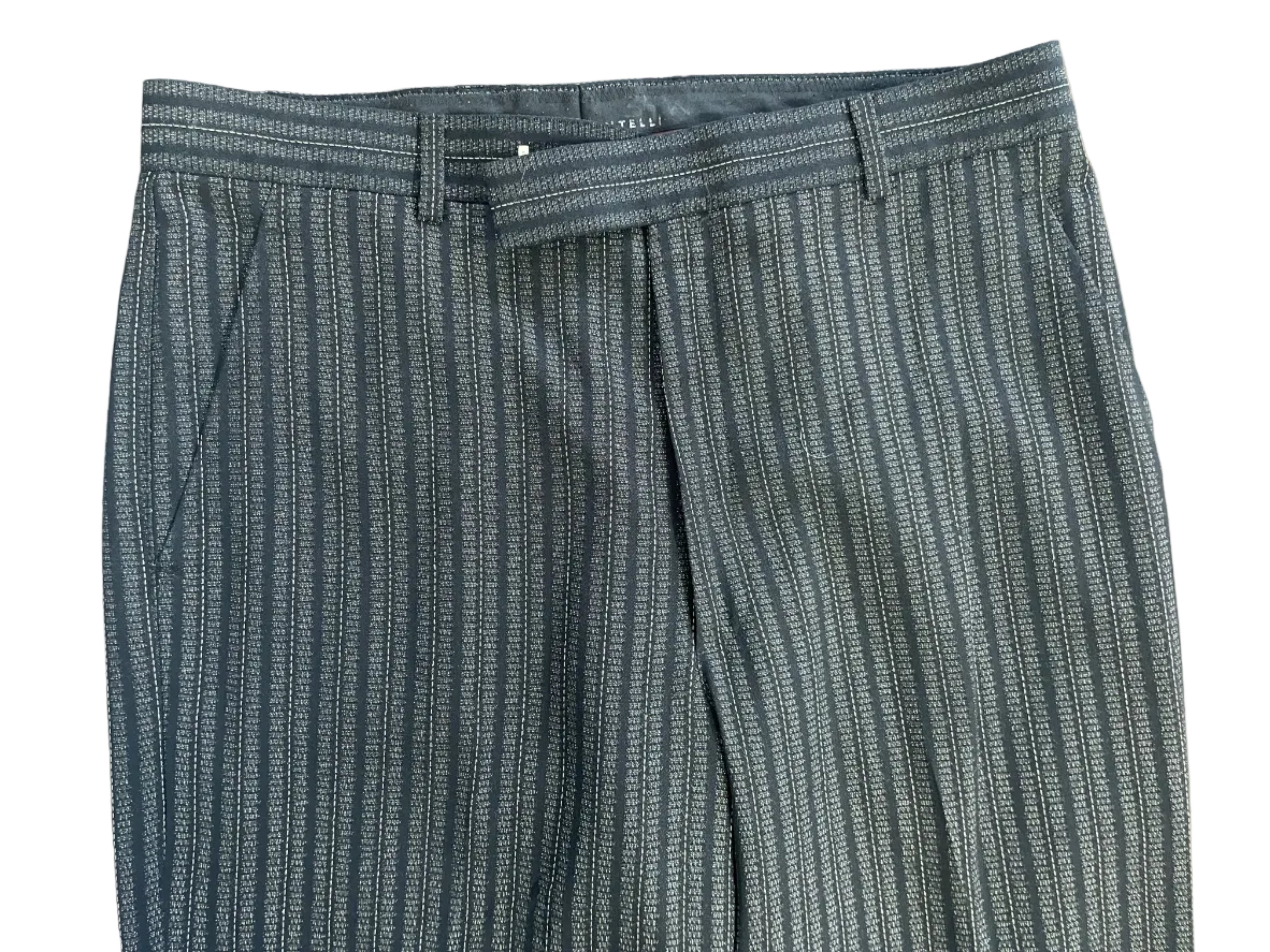 Nino Mantelli men's black grey striped dress trousers waistband and pocket detail