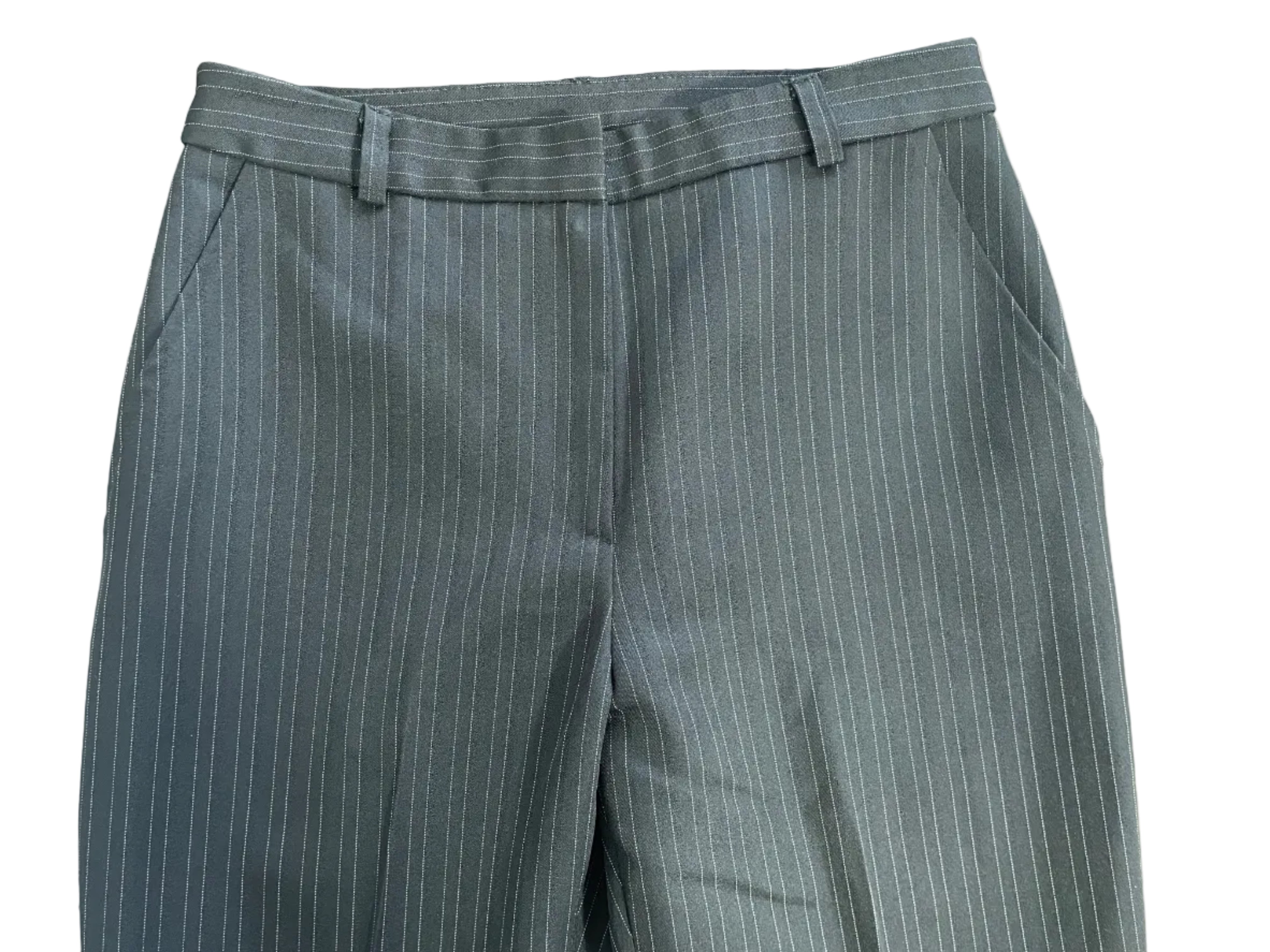 Vintage Buffalo David Bitton charcoal grey white pinstripe trousers showing waistband and belt loops