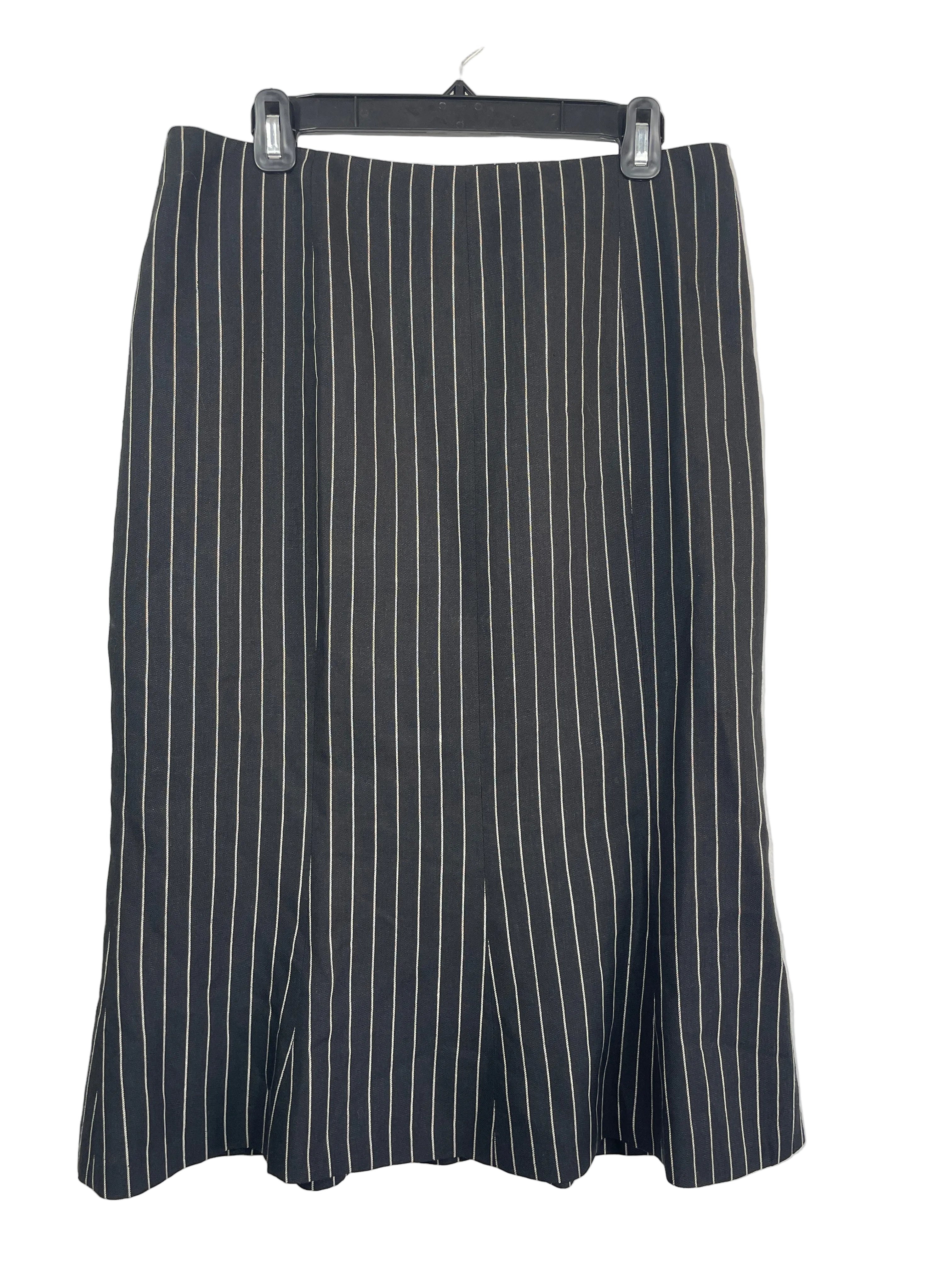 Lauren Ralph Lauren size 8 black pinstripe linen wool midi skirt front view with flared hem