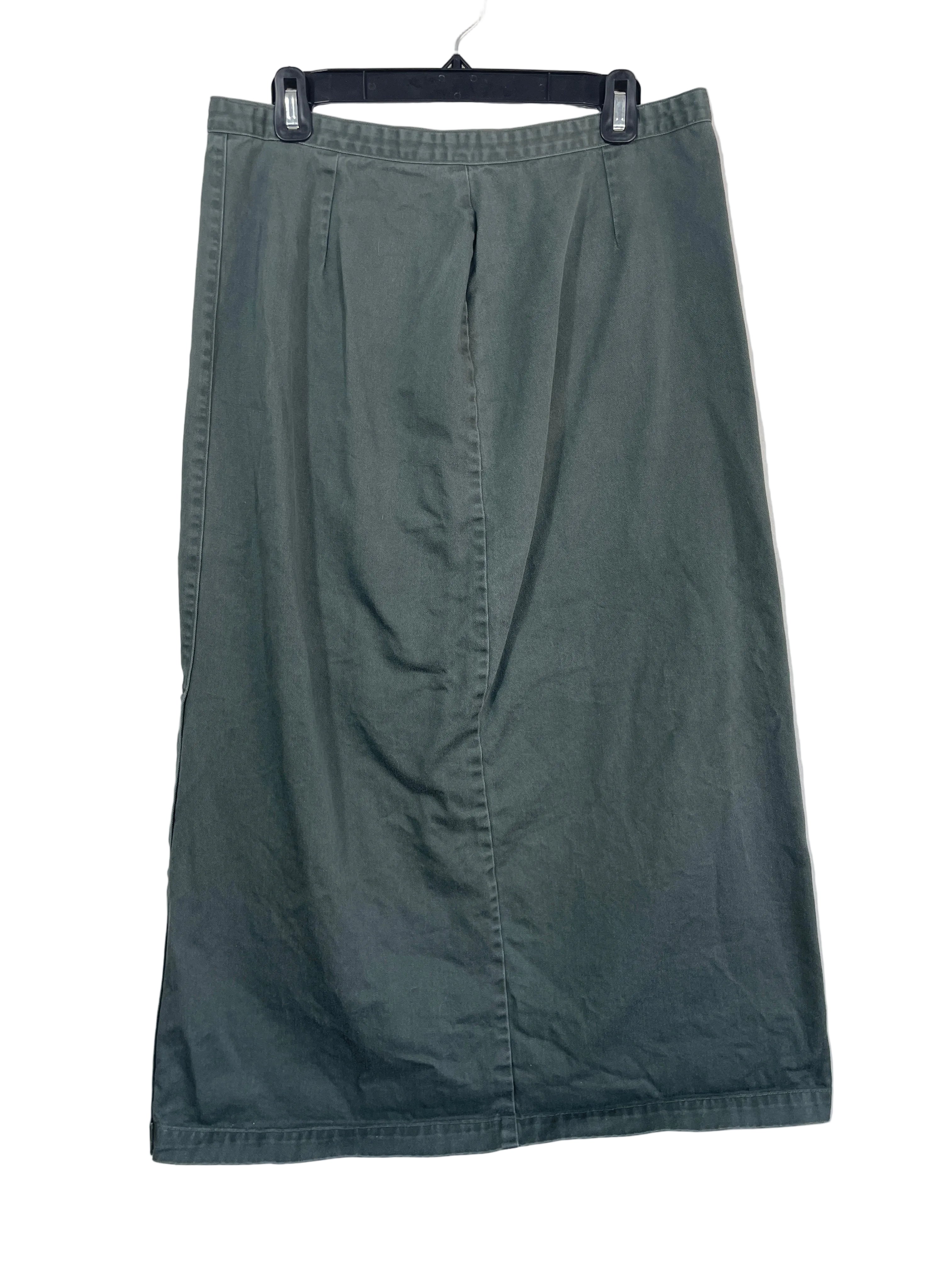 Christopher & Banks sage green denim-style long skirt back view with panel seams