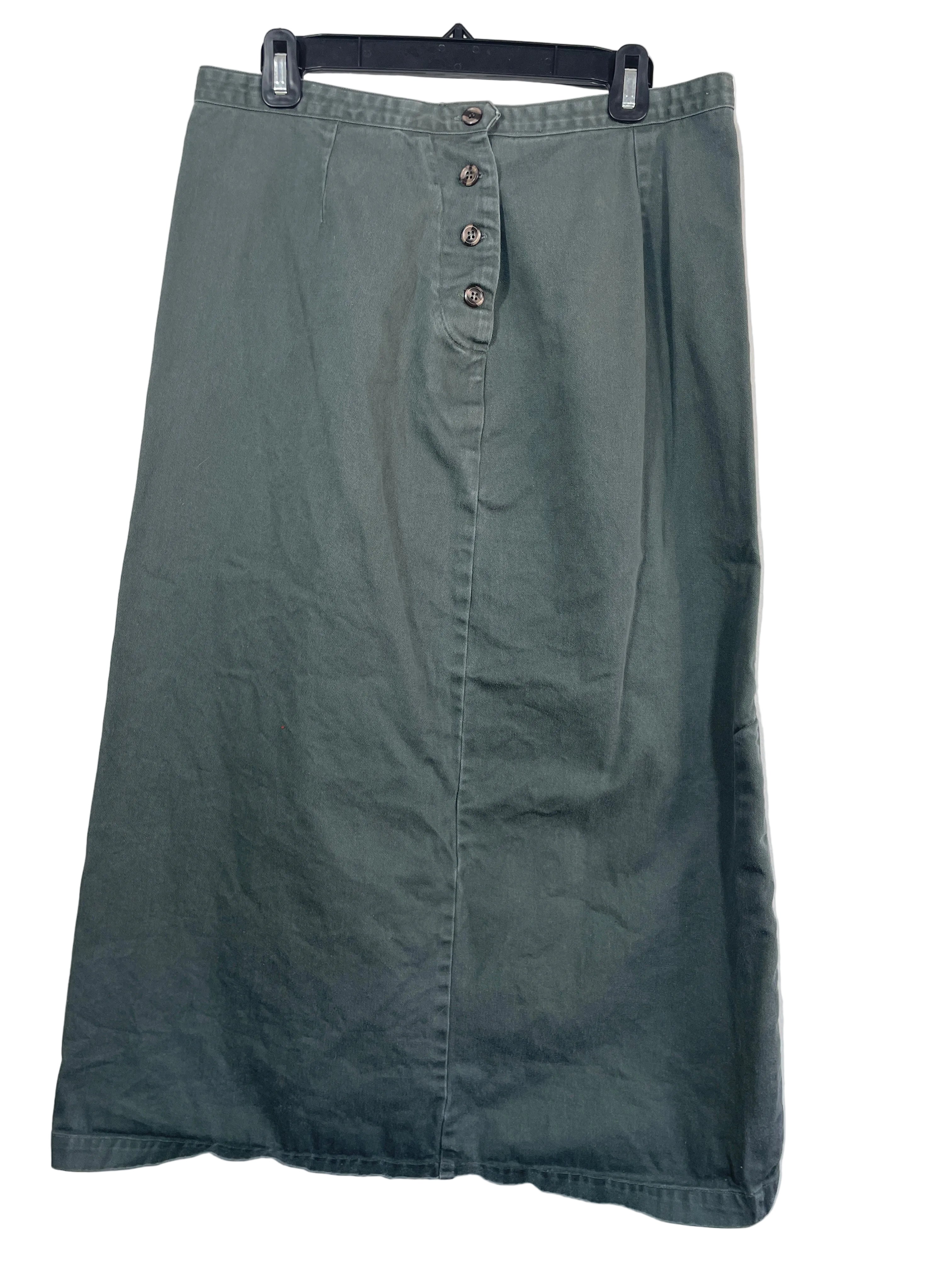 Christopher & Banks sage green twill skirt view showing four-button closure
