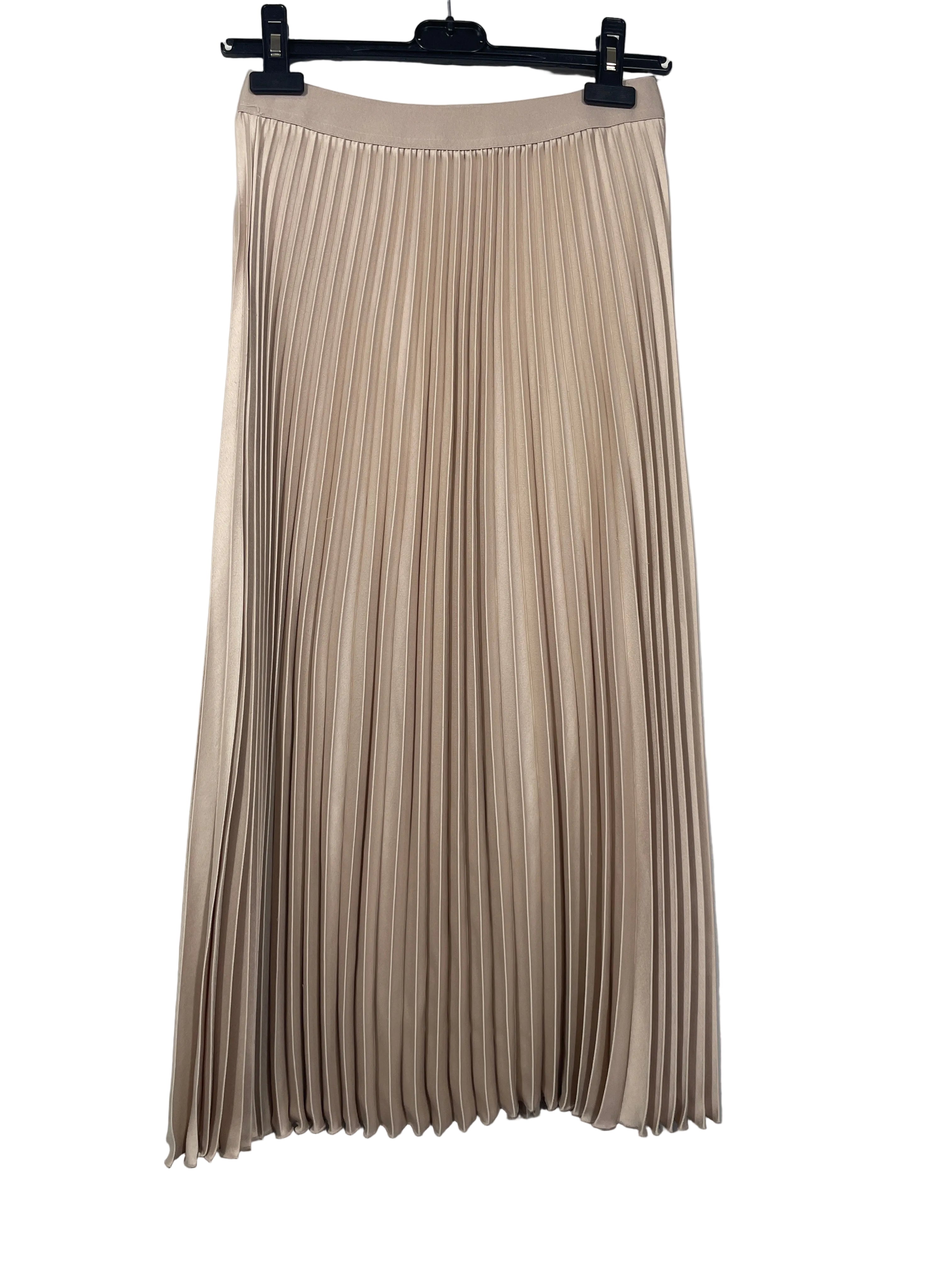 H&M size M champagne beige satin pleated midi skirt front view with elastic waistband