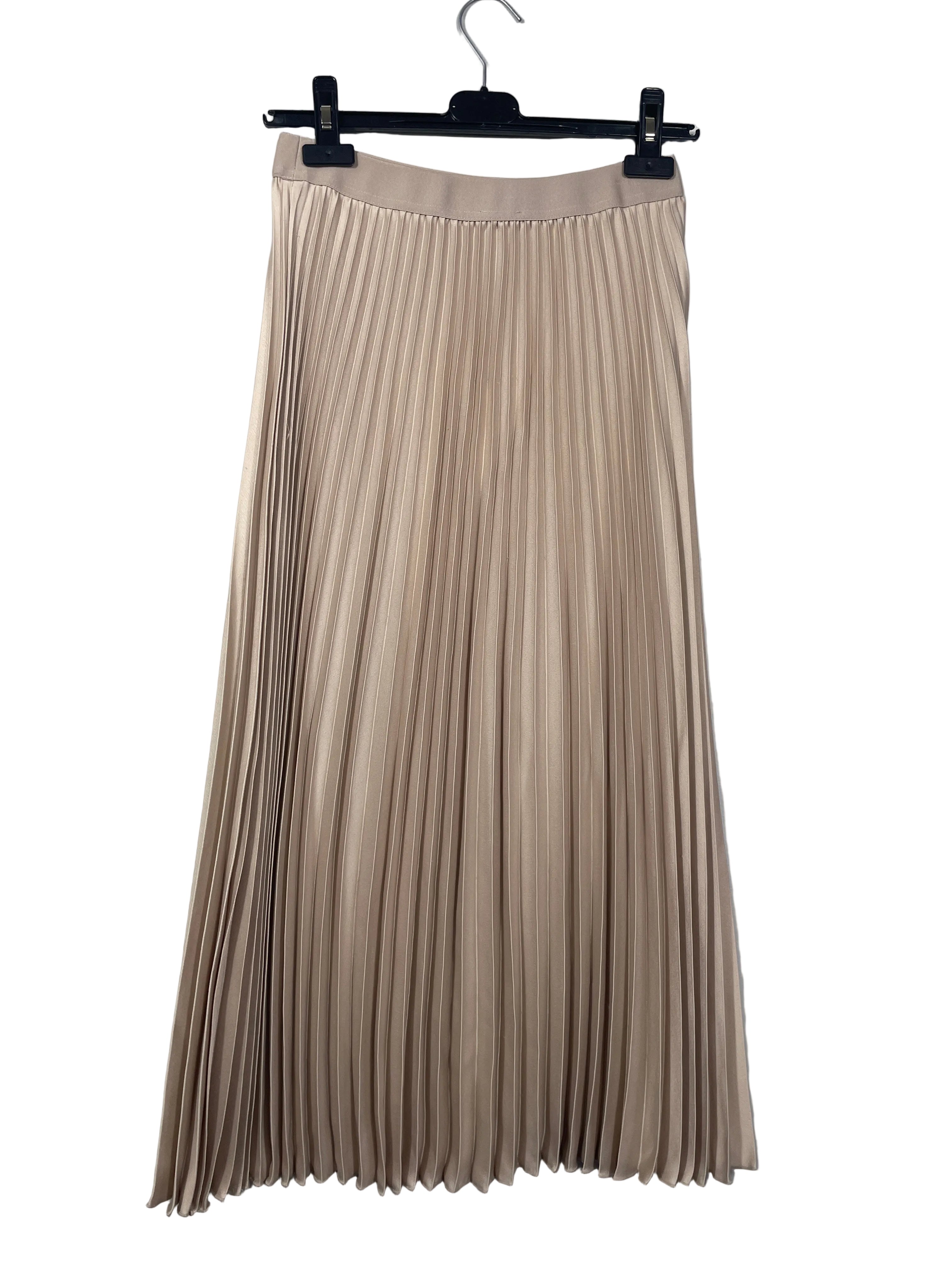 H&M beige accordion pleated midi skirt back view showing flowing silhouette