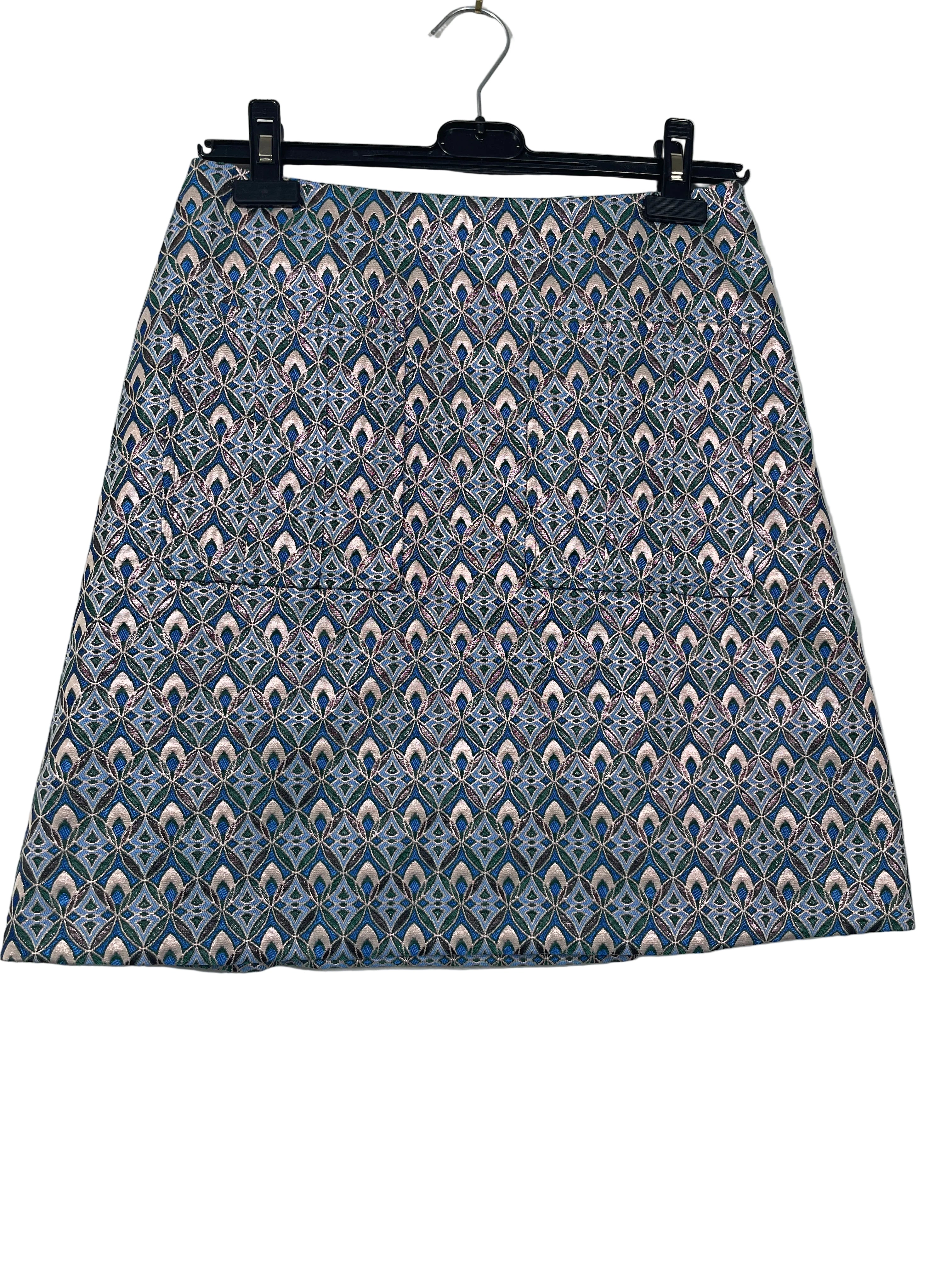 Maje size 40 blue geometric jacquard A-line mini skirt front view with green and pink woven pattern