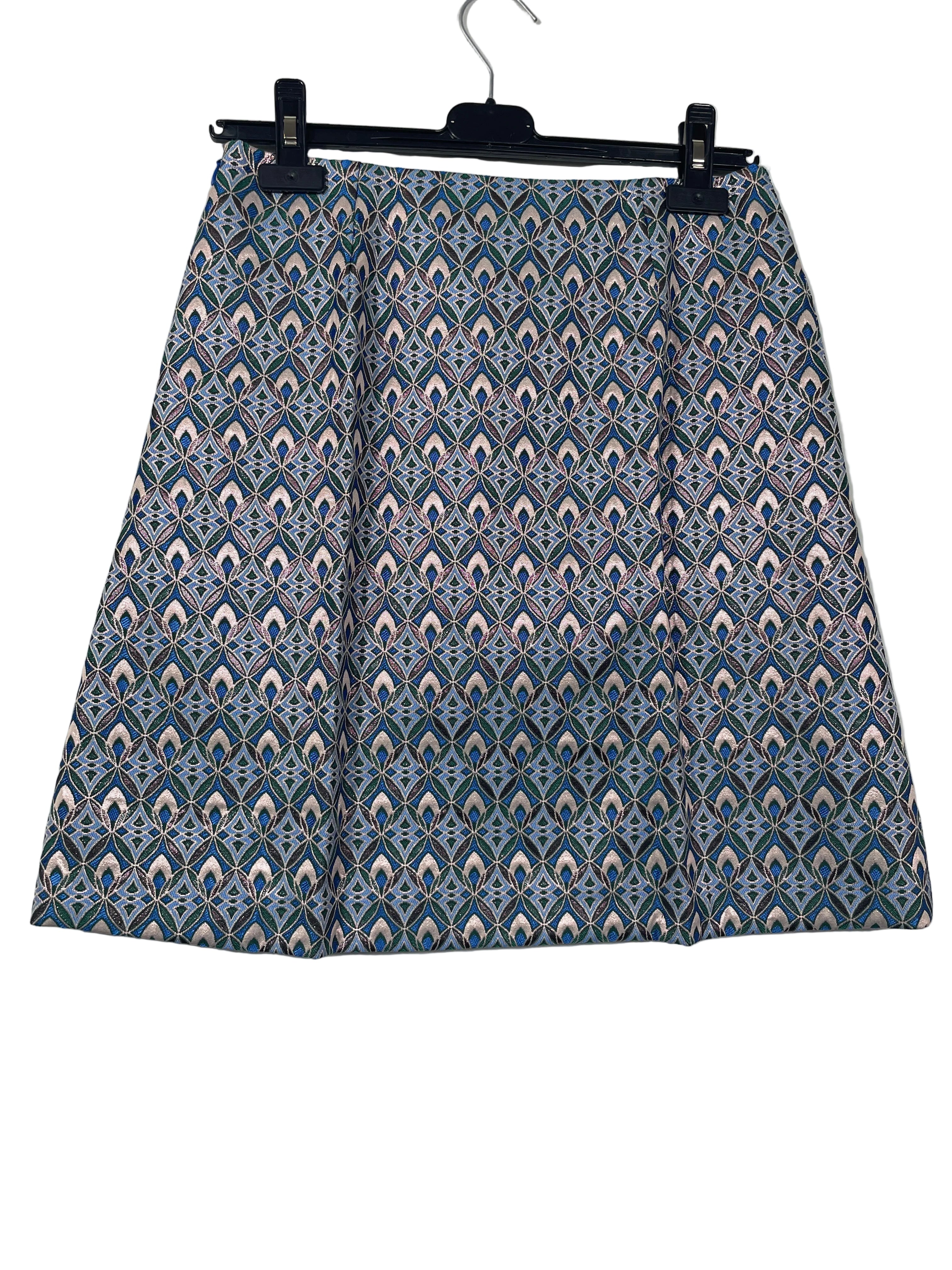 Maje blue multicolour jacquard mini skirt back view showing flared A-line silhouette