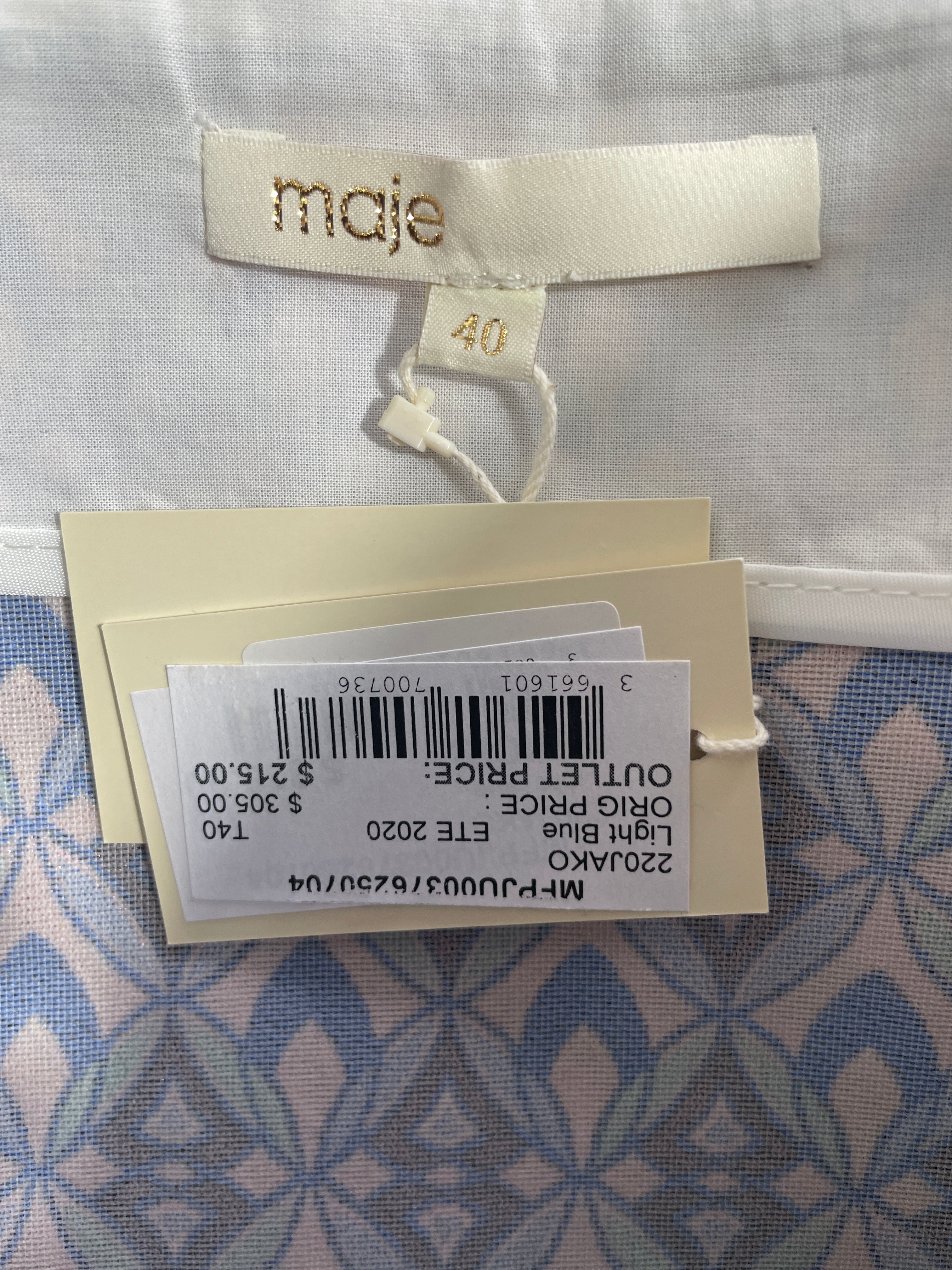 Maje size 40 skirt original retail tag showing $305 CAD and summer 2020 collection