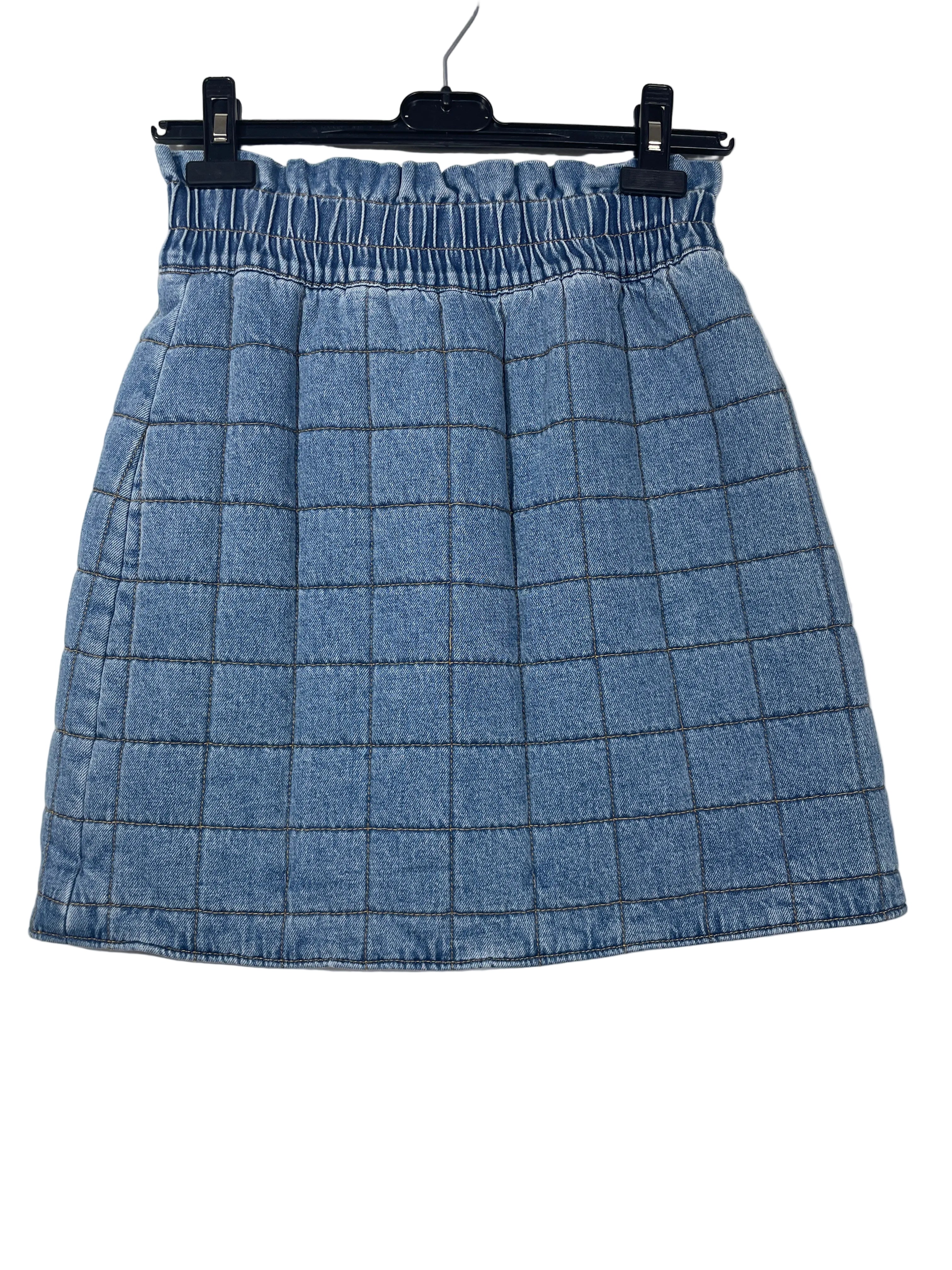 Sea New York blue quilted denim mini skirt size XS front view with elastic paperbag waistband