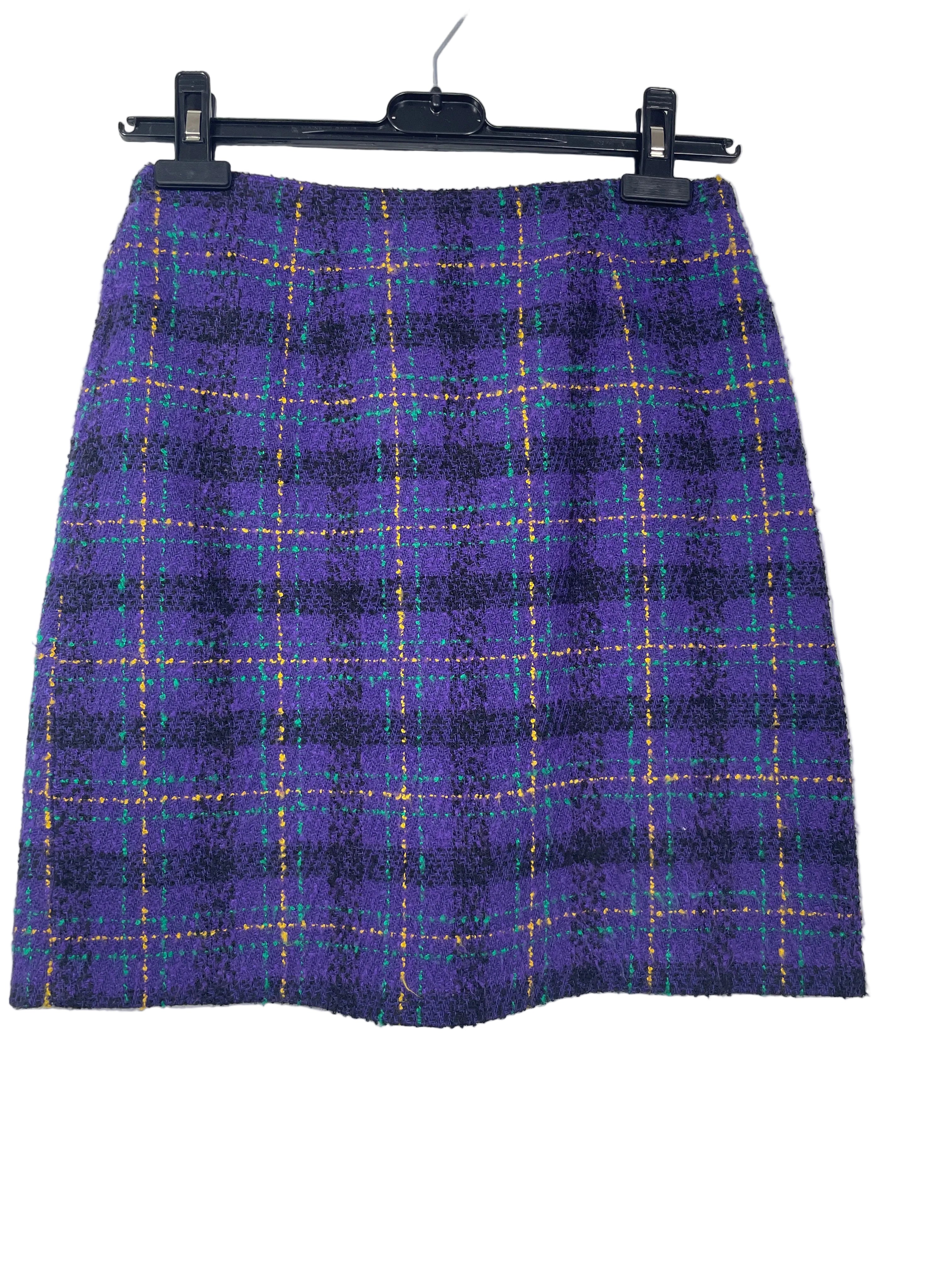 Vintage Joule Energy purple plaid tweed pencil skirt size 9 front view with green and yellow accents