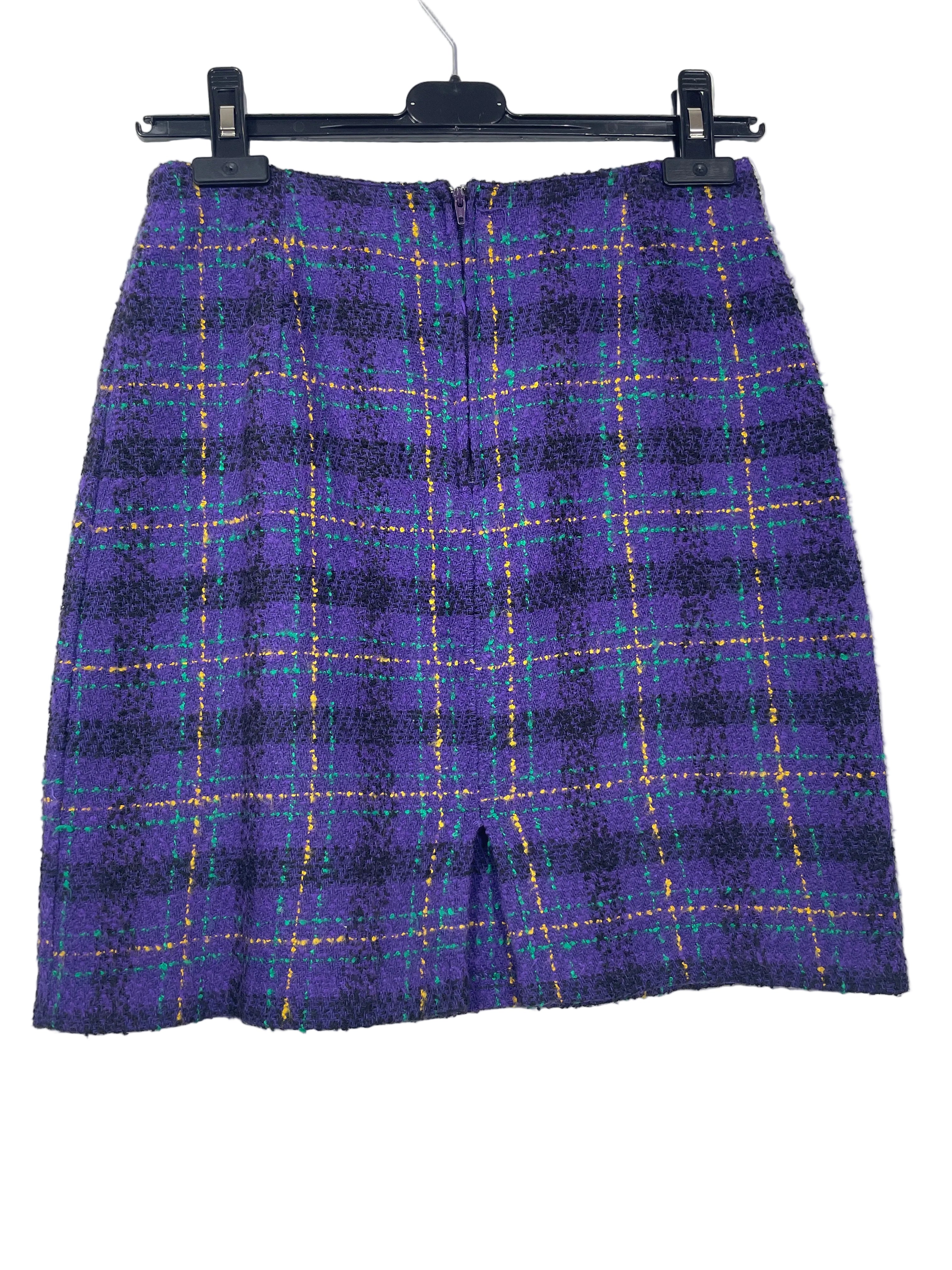 Vintage Joule Energy purple textured plaid short skirt back view with zipper and hem vent
