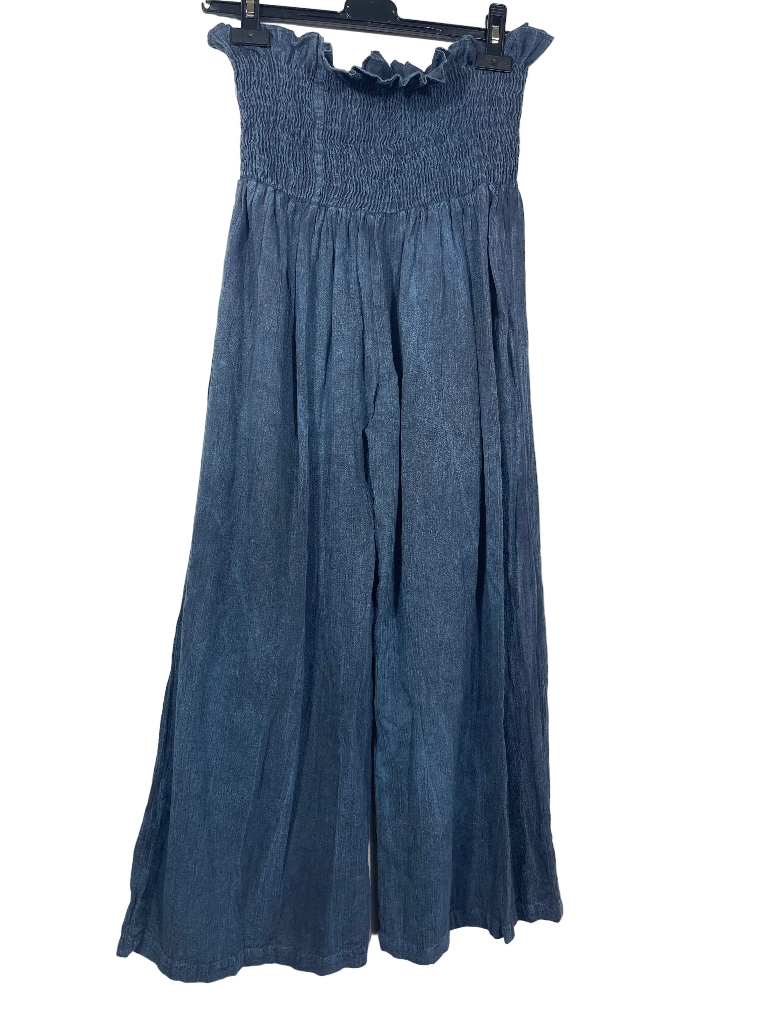 Wise blue bohemian cropped wide leg cotton trousers back view with elastic smocked waistband and ruffled edge
