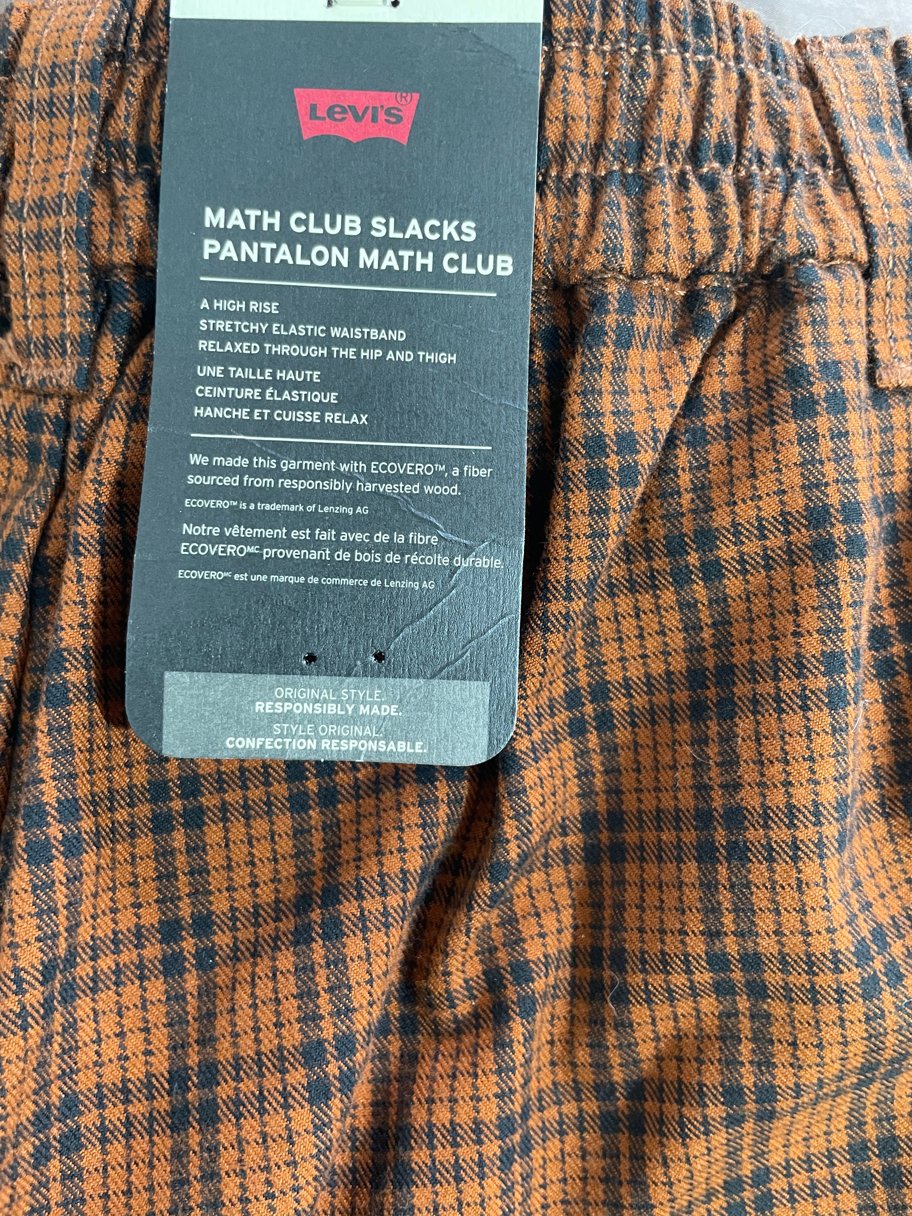 Levi's Math Club Slacks original hangtag showing high rise and relaxed fit